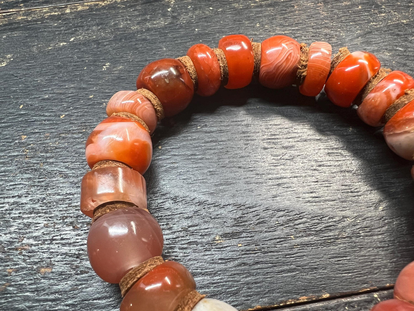Handmade Tibetan Nanhong Agate Bracelet, Southern Red Agate, Leather Spacer Mala, Fits 8” Wrist, Buddhist Meditation Jewelry, Unisex Gift