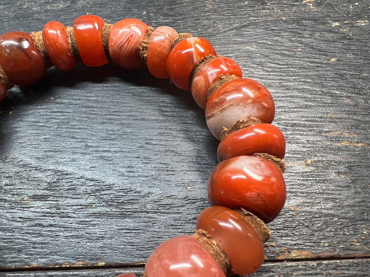 Handmade Tibetan Nanhong Agate Bracelet, Southern Red Agate, Leather Spacer Mala, Fits 8” Wrist, Buddhist Meditation Jewelry, Unisex Gift