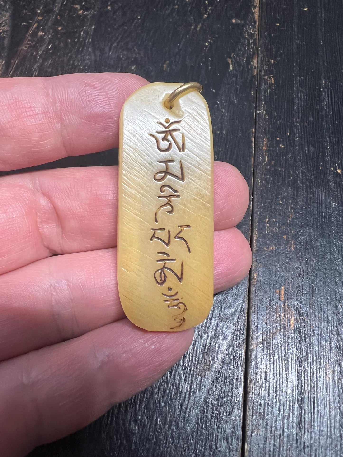 Hand Carved Yak Bone Mantra Talisman Pendant, Double Sided Smiling Protection Amulet, Tibetan Om Mani Padme Hum Tag, Vintage Style Bone Neck