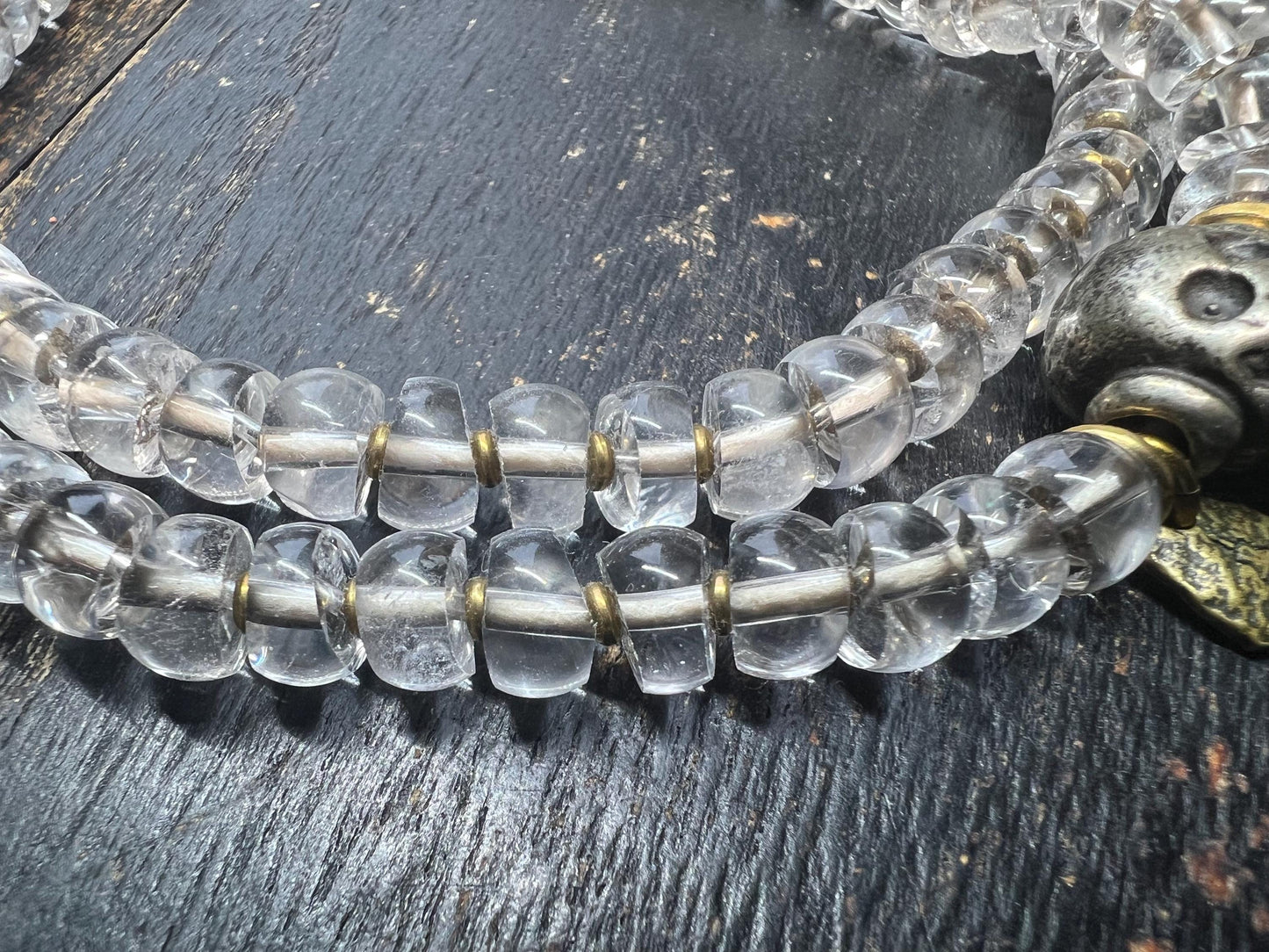 Authentic Tibetan Rock Crystal 98-Bead Mala ~20” (51cm), Charnel Ground Skull Guru & Agate Pendant