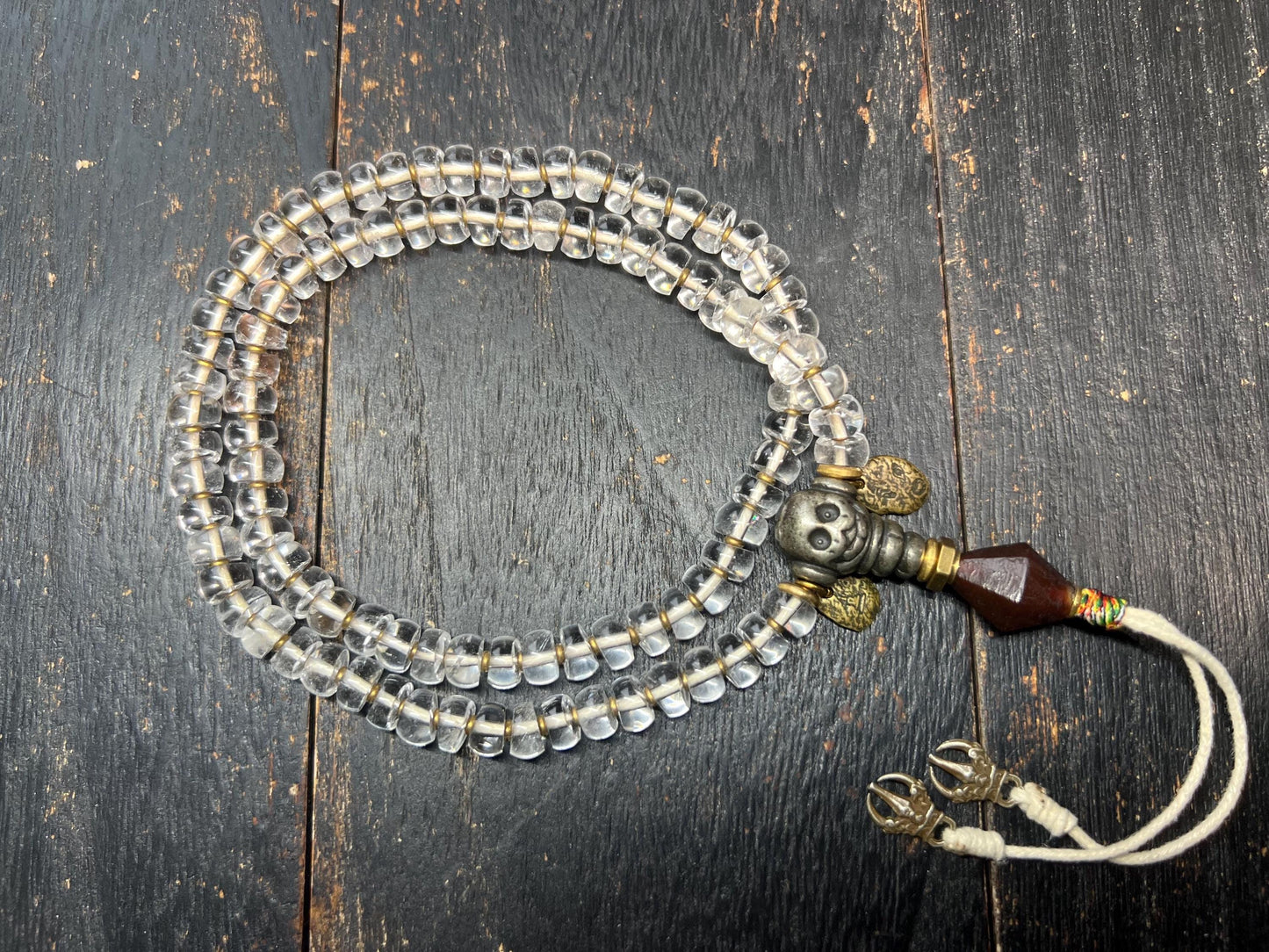 Authentic Tibetan Rock Crystal 98-Bead Mala ~20” (51cm), Charnel Ground Skull Guru & Agate Pendant