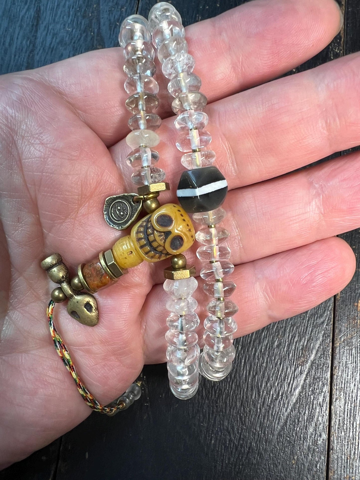 Handcrafted 108 Rock Crystal Bead Mala with Yak Bone Chödlin Skull Guru Bead, Agate Spacers & Copper Accents – Tibetan Prayer Necklace
