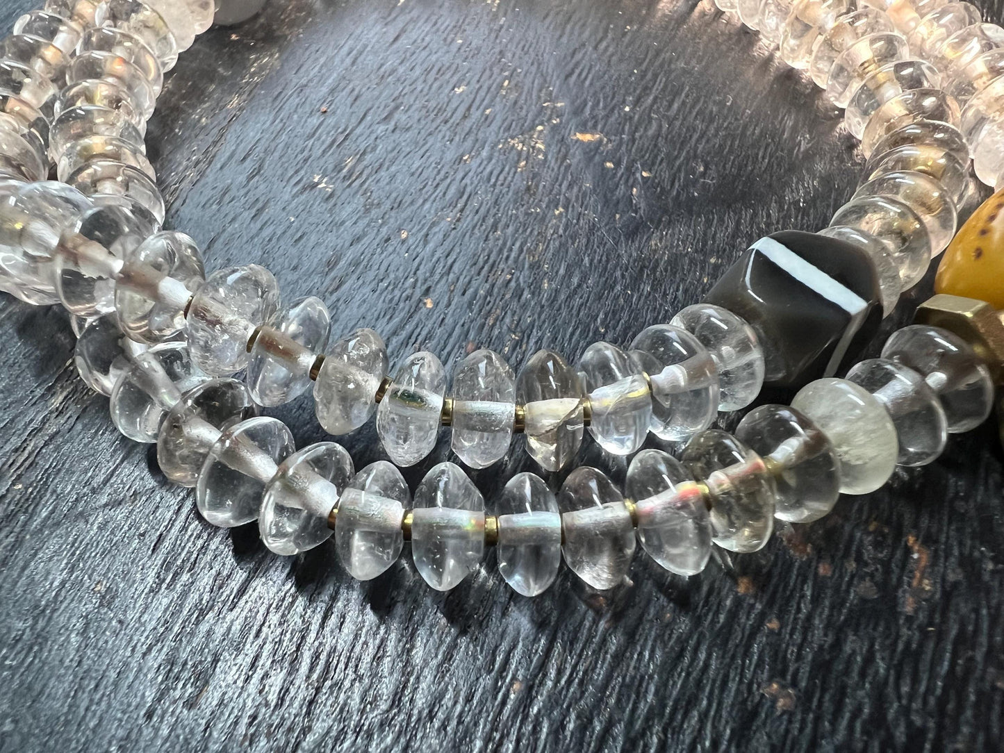 Handcrafted 108 Rock Crystal Bead Mala with Yak Bone Chödlin Skull Guru Bead, Agate Spacers & Copper Accents – Tibetan Prayer Necklace