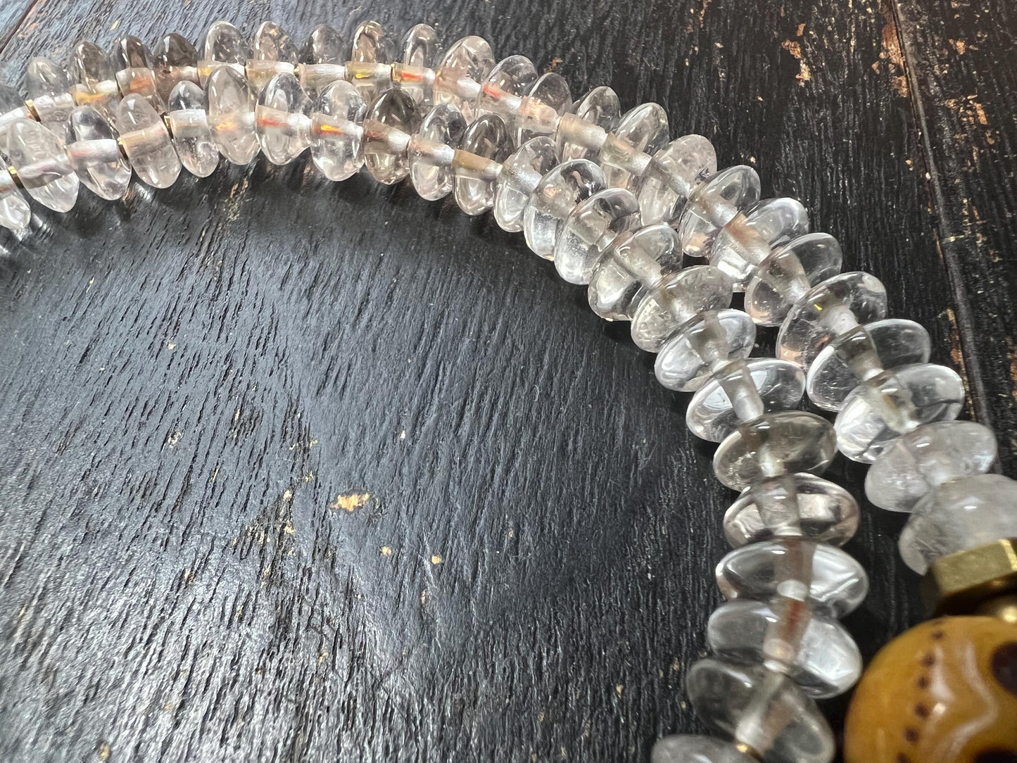 Handcrafted 108 Rock Crystal Bead Mala with Yak Bone Chödlin Skull Guru Bead, Agate Spacers & Copper Accents – Tibetan Prayer Necklace