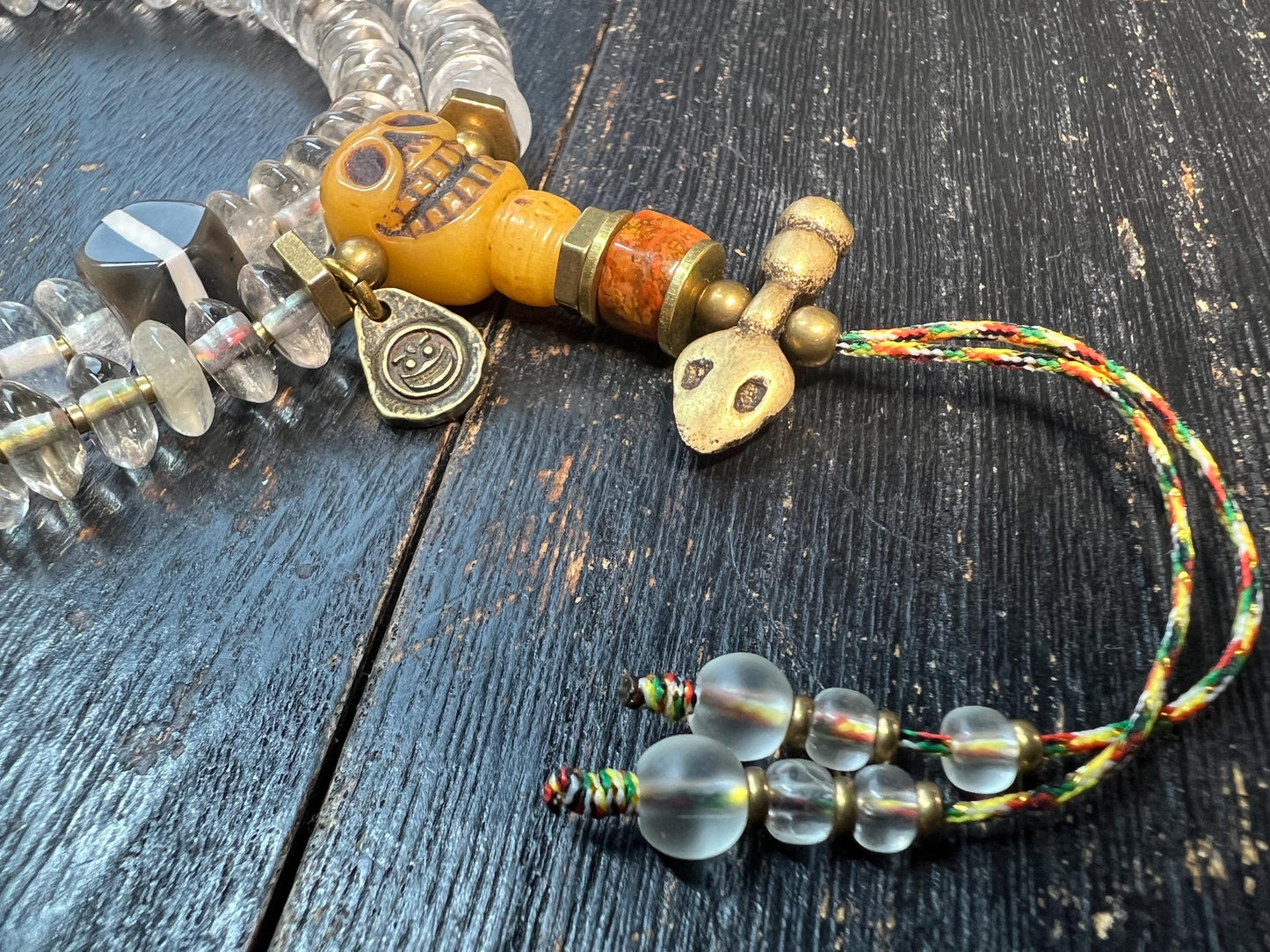 Handcrafted 108 Rock Crystal Bead Mala with Yak Bone Chödlin Skull Guru Bead, Agate Spacers & Copper Accents – Tibetan Prayer Necklace