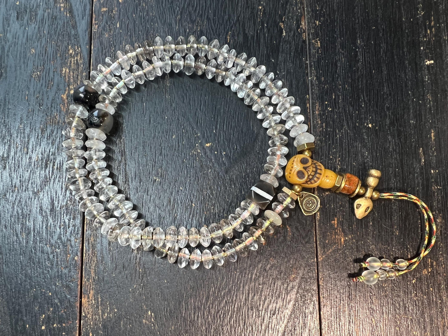 Handcrafted 108 Rock Crystal Bead Mala with Yak Bone Chödlin Skull Guru Bead, Agate Spacers & Copper Accents – Tibetan Prayer Necklace