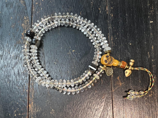Handcrafted 108 Rock Crystal Bead Mala with Yak Bone Chödlin Skull Guru Bead, Agate Spacers & Copper Accents – Tibetan Prayer Necklace