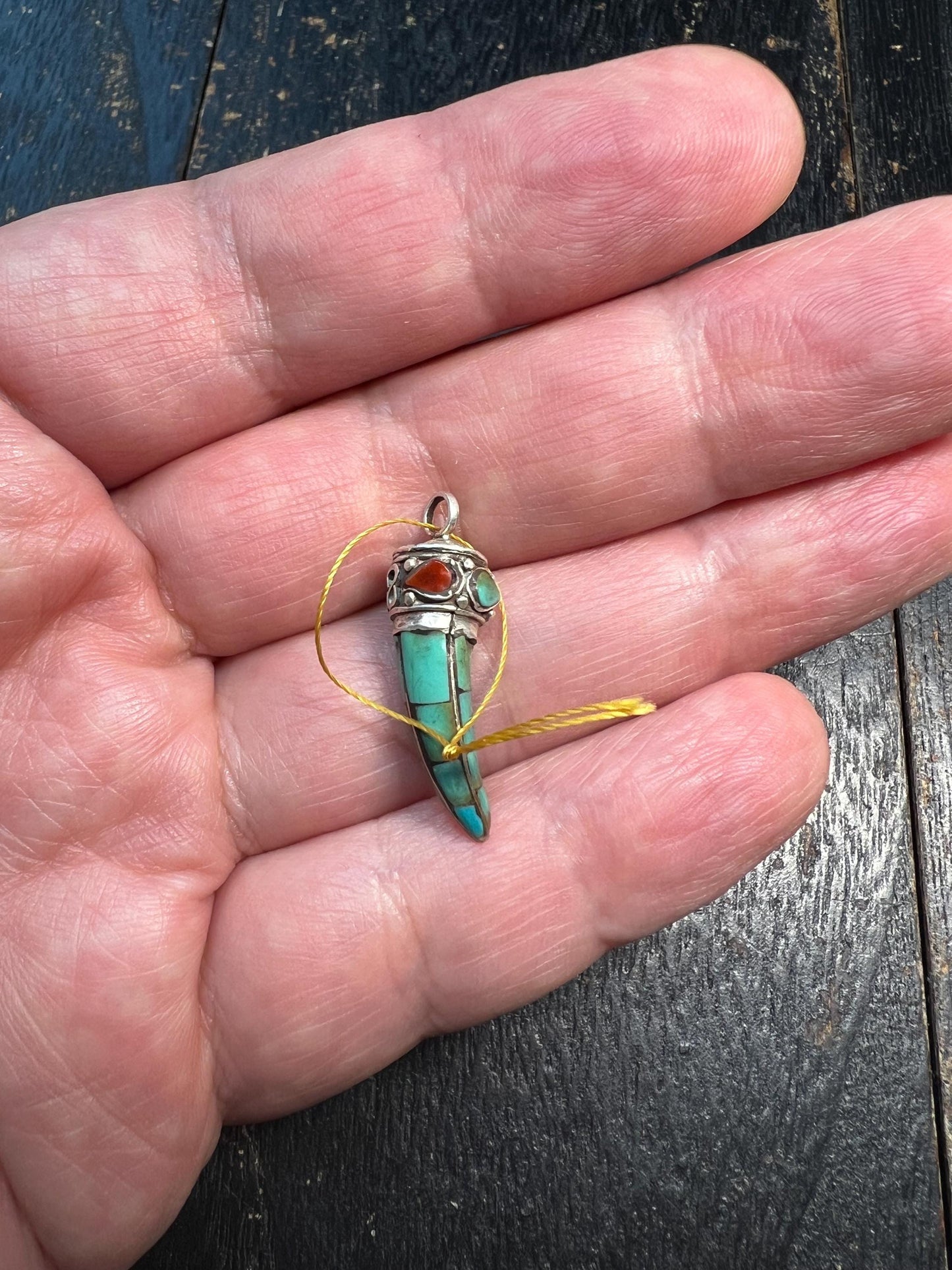 925 Silver Turquoise Horn Pendant, Nepalese Coral Turquoise Tusk Amulet, Tibetan Ethnic Silver Horn Charm