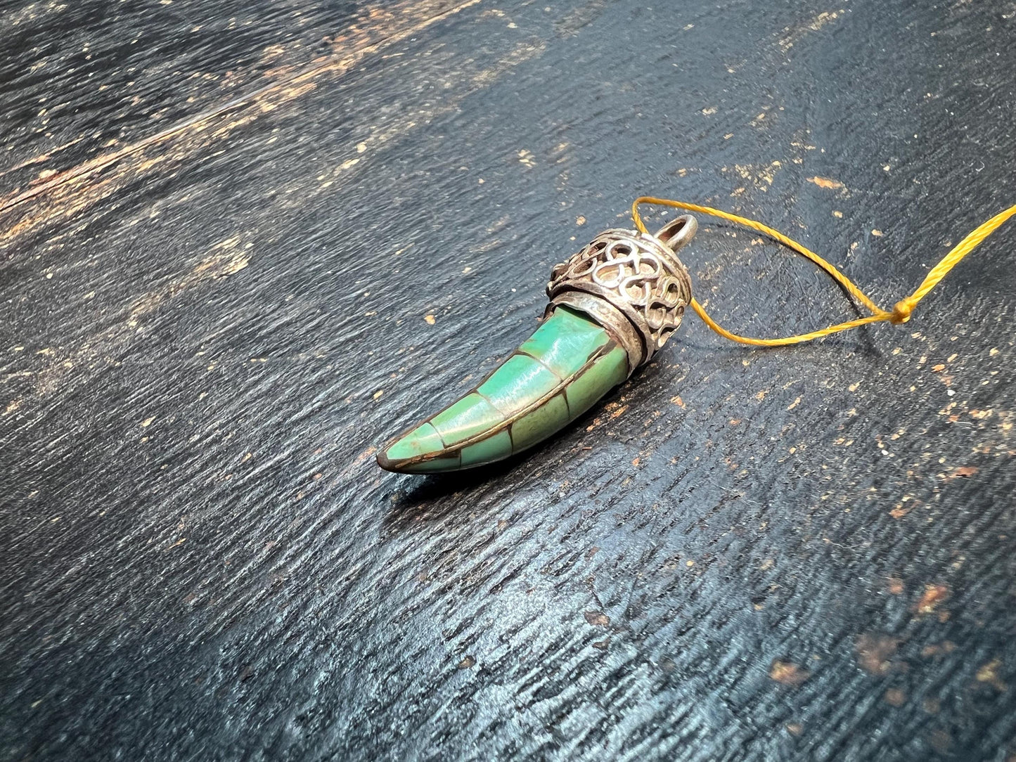 925 Silver Turquoise Horn Pendant, Nepalese Coral Turquoise Tusk Amulet, Tibetan Ethnic Silver Horn Charm