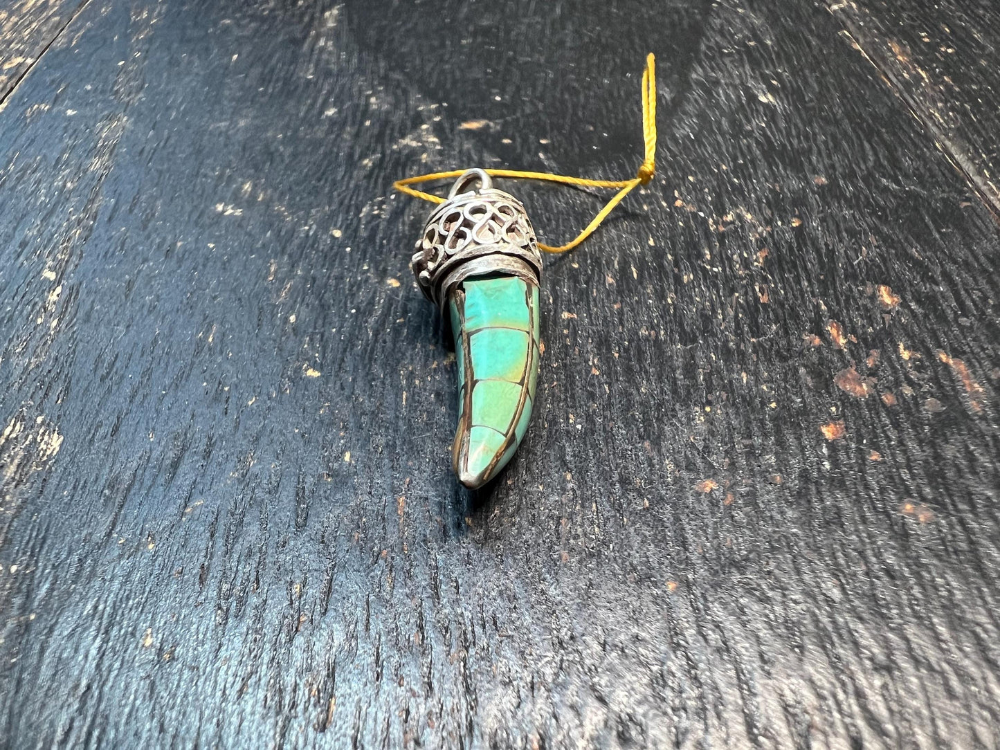 925 Silver Turquoise Horn Pendant, Nepalese Coral Turquoise Tusk Amulet, Tibetan Ethnic Silver Horn Charm