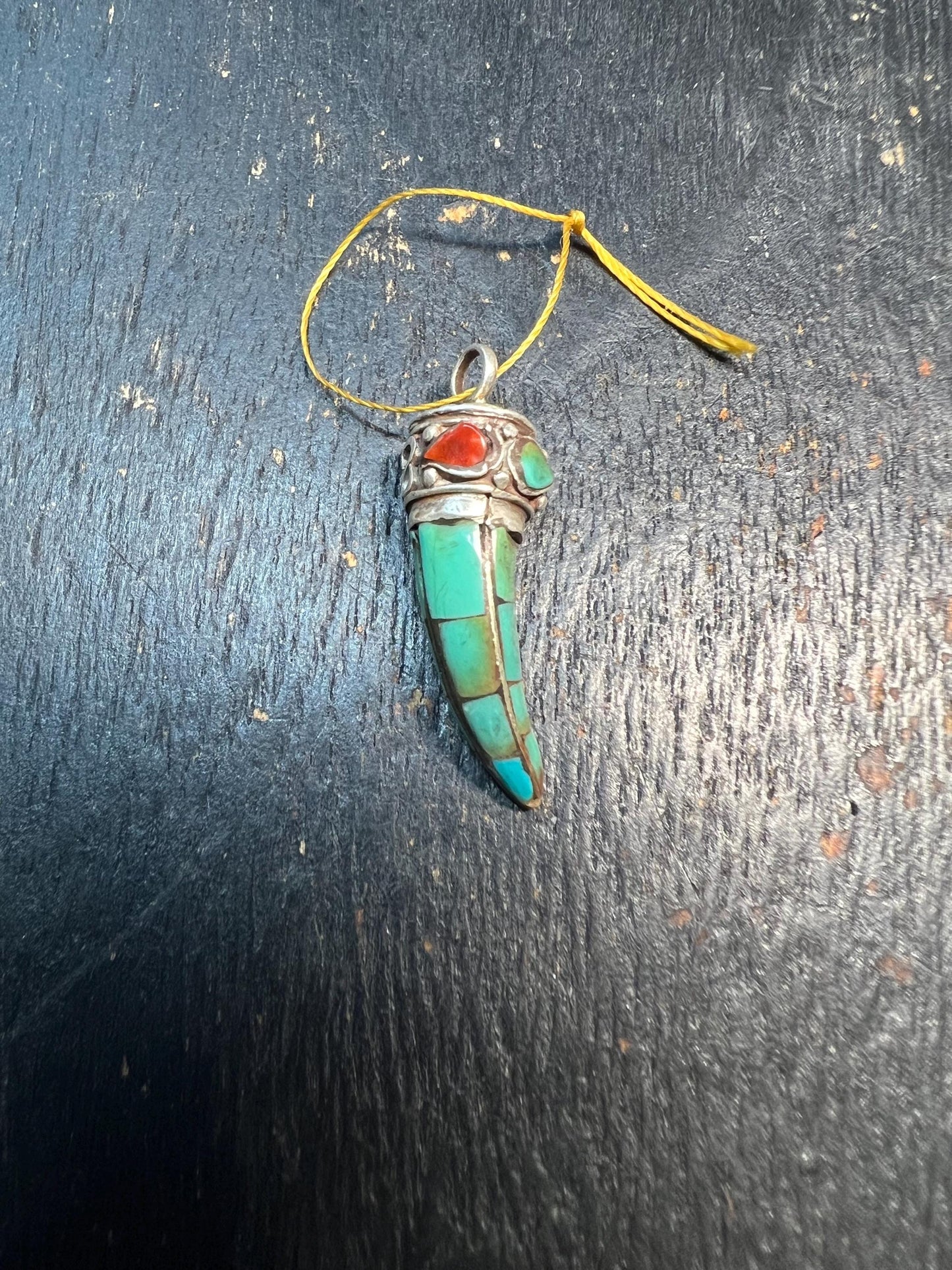925 Silver Turquoise Horn Pendant, Nepalese Coral Turquoise Tusk Amulet, Tibetan Ethnic Silver Horn Charm