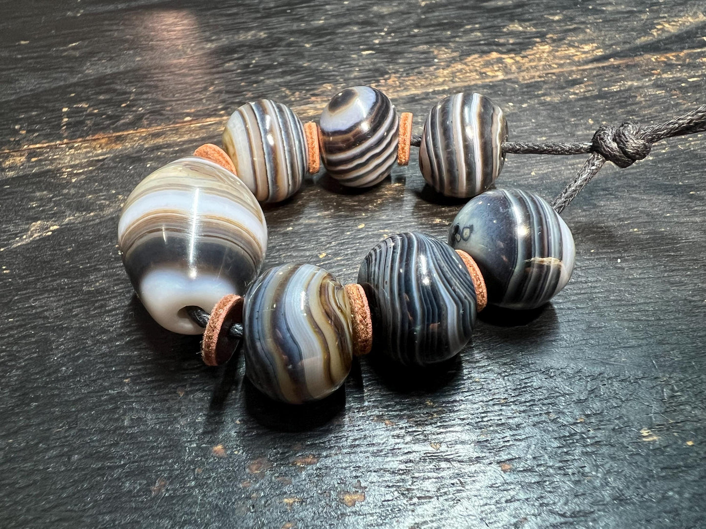 Handmade Botswana Agate 7-Bead Prayer Mala Strand with Eye Focal | Tibetan Nepal Spiritual Beads Amulet