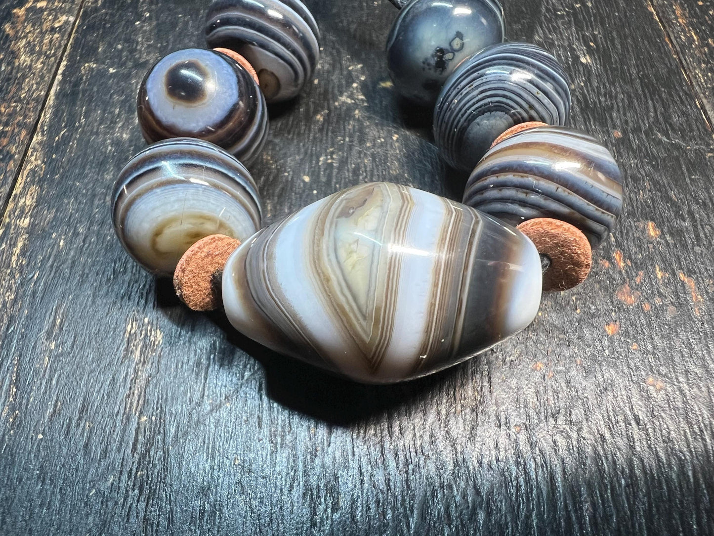 Handmade Botswana Agate 7-Bead Prayer Mala Strand with Eye Focal | Tibetan Nepal Spiritual Beads Amulet