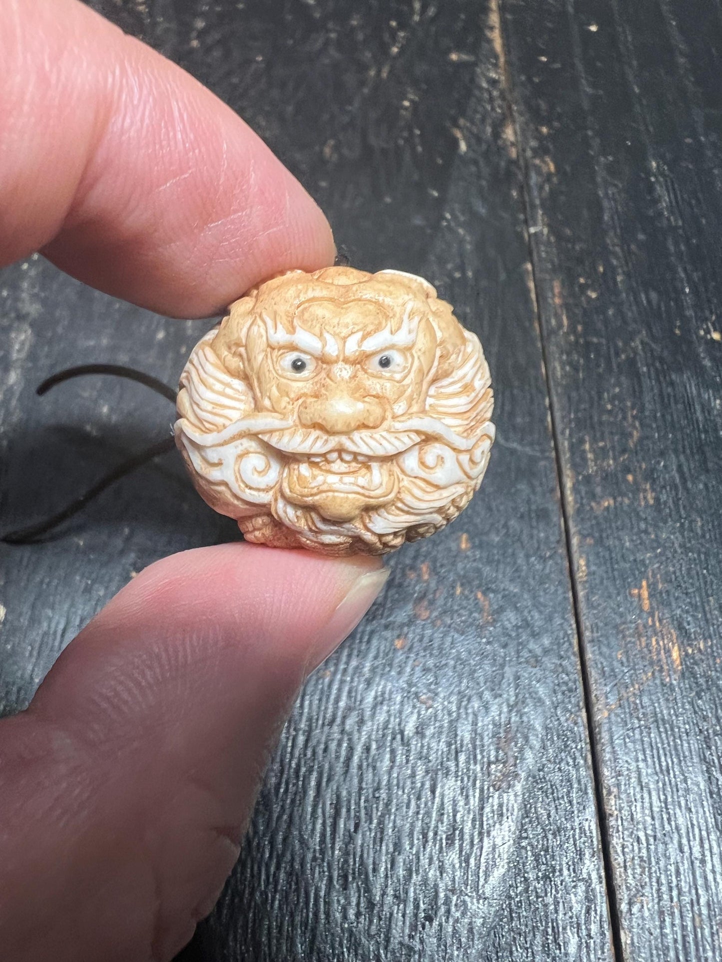 Hand Carved Deer Antler Dragon Bead, 26mm Chinese Dragon Ojime Style Pendant, Natural Antler Carving for Necklace or Mala