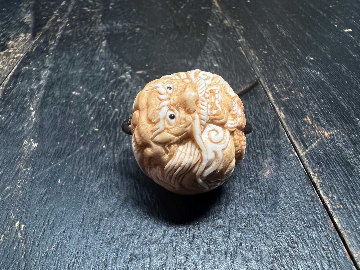 Hand Carved Deer Antler Dragon Bead, 26mm Chinese Dragon Ojime Style Pendant, Natural Antler Carving for Necklace or Mala