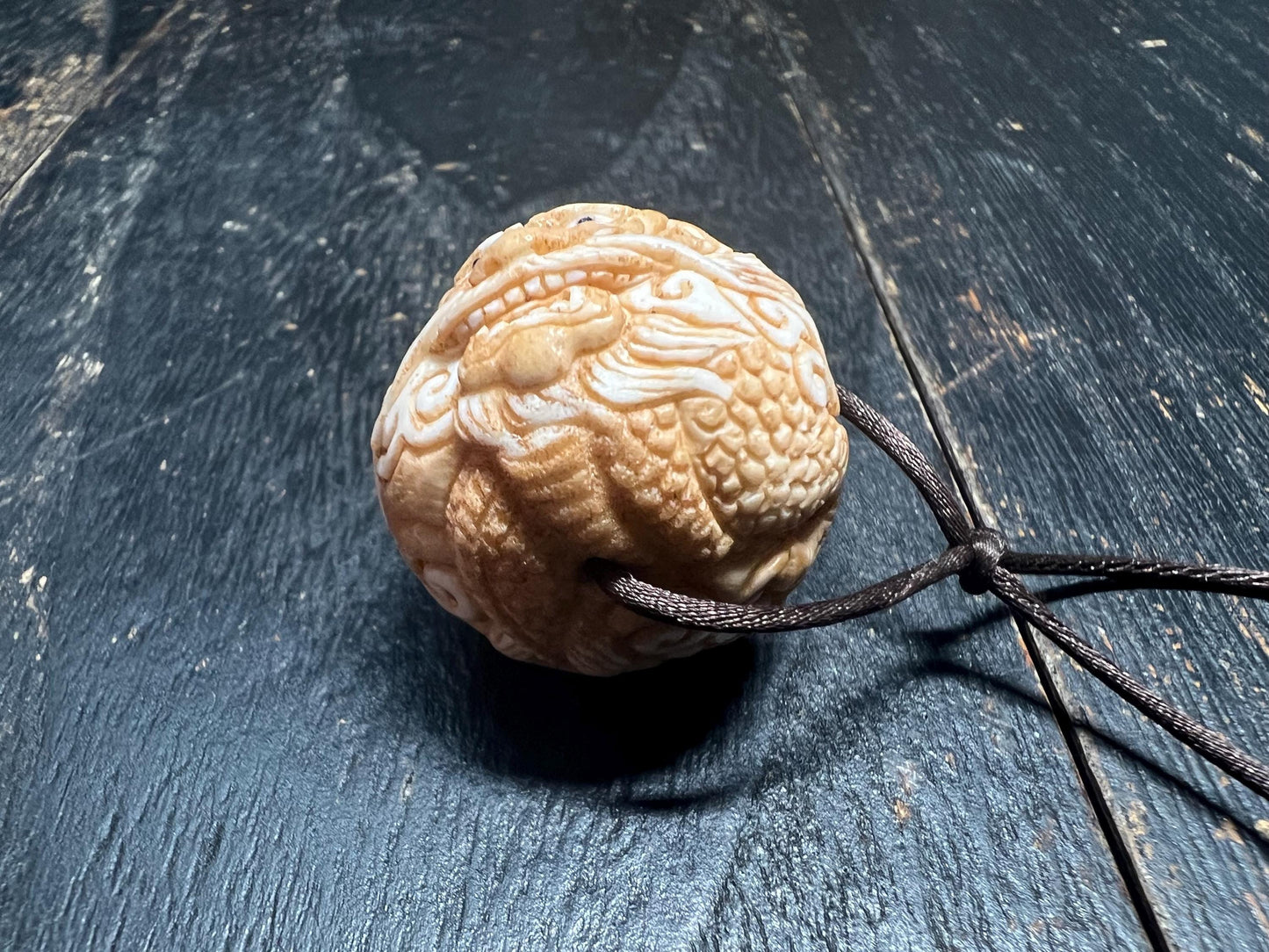 Hand Carved Deer Antler Dragon Bead, 26mm Chinese Dragon Ojime Style Pendant, Natural Antler Carving for Necklace or Mala