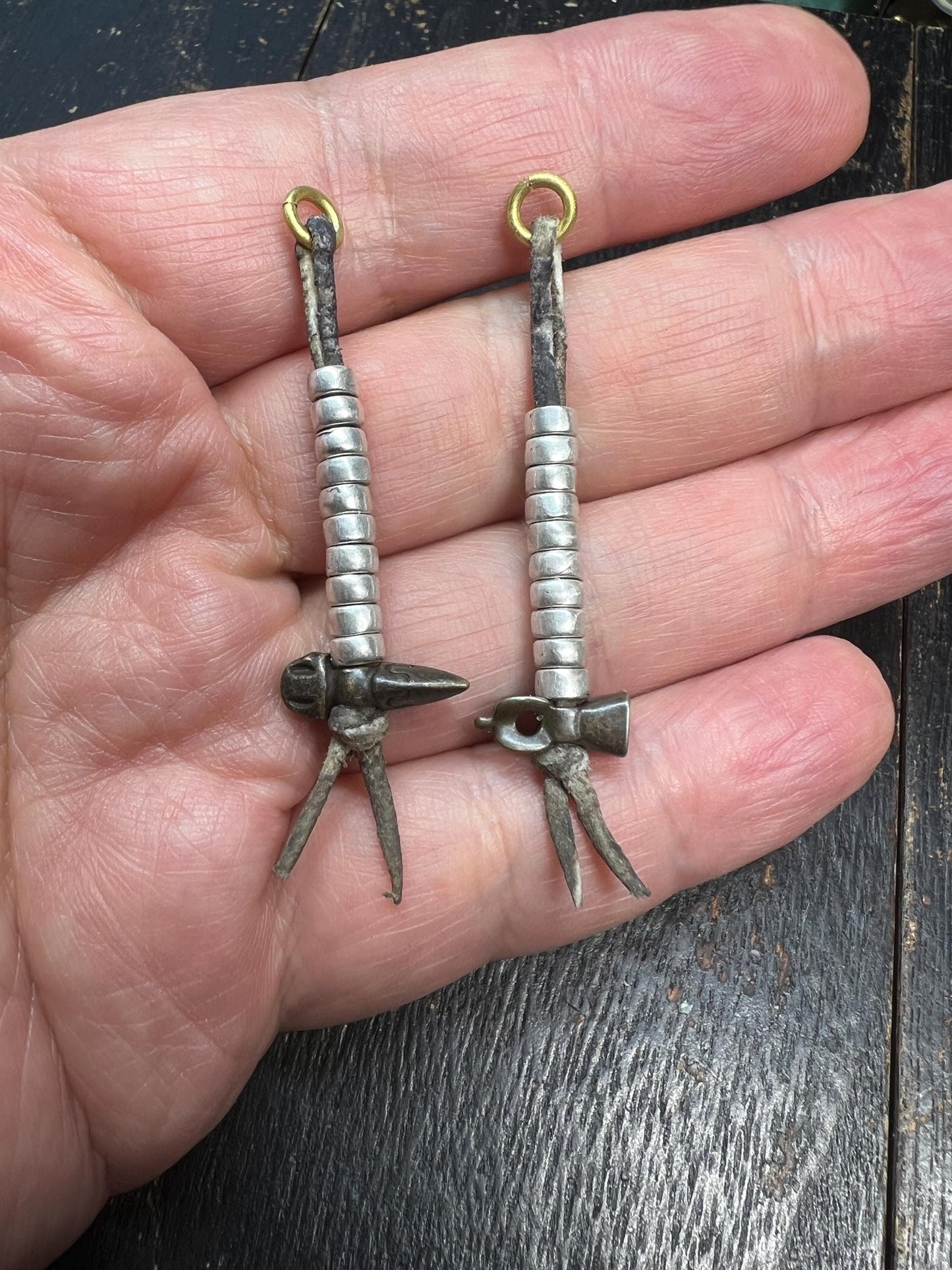 Antique Tibetan Brass Hammer Prayer Counters - Pair for Mala Beads, Ritual Vajra Tally Markers with Leather Cords