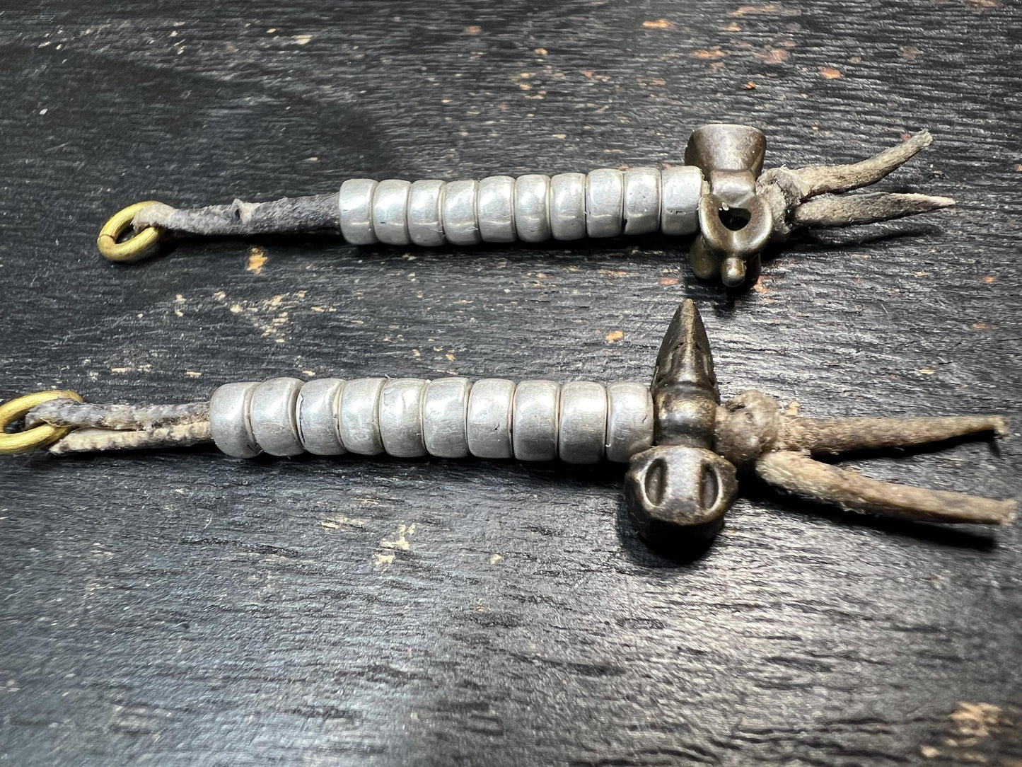 Antique Tibetan Brass Hammer Prayer Counters - Pair for Mala Beads, Ritual Vajra Tally Markers with Leather Cords