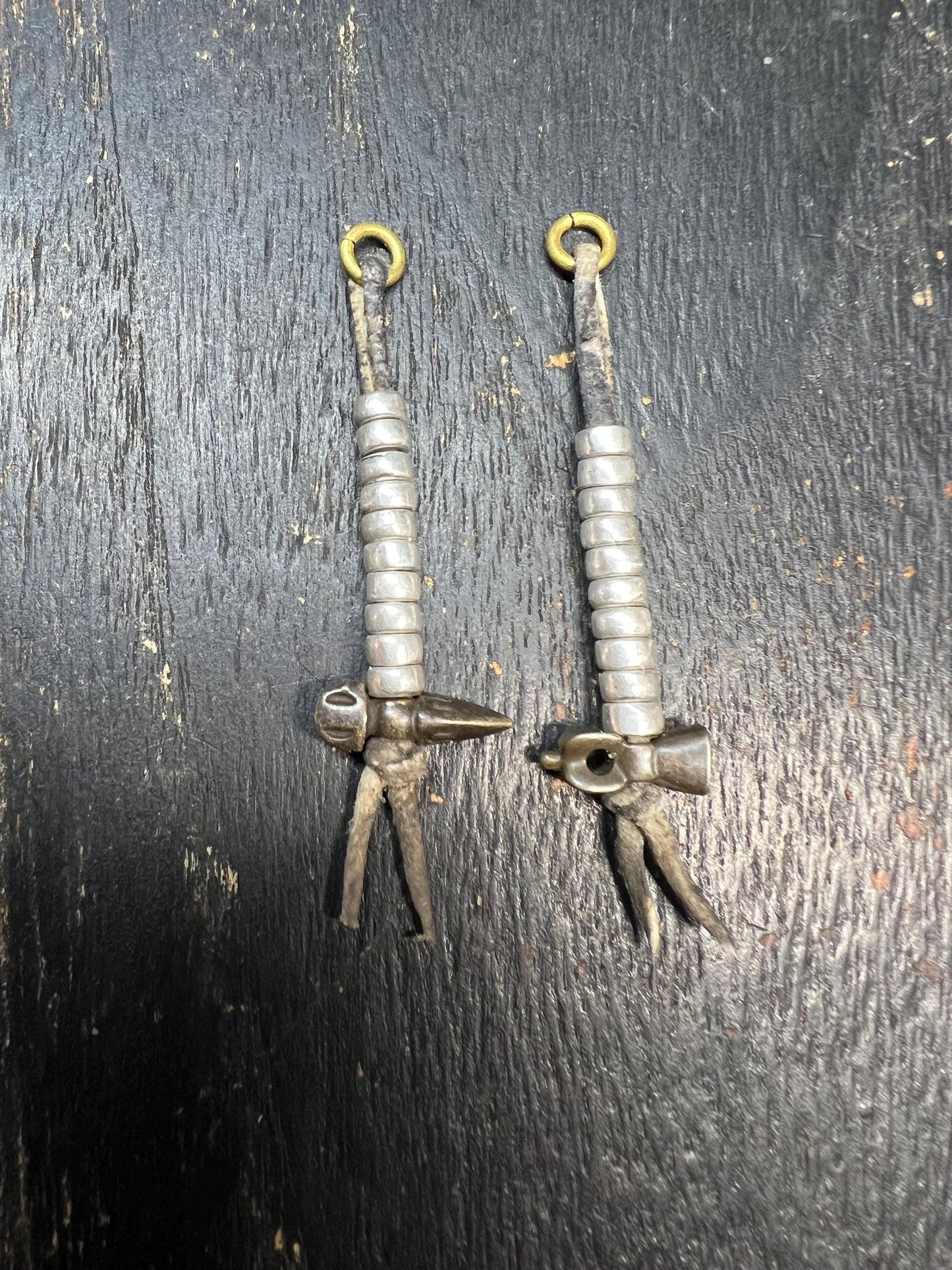 Antique Tibetan Brass Hammer Prayer Counters - Pair for Mala Beads, Ritual Vajra Tally Markers with Leather Cords