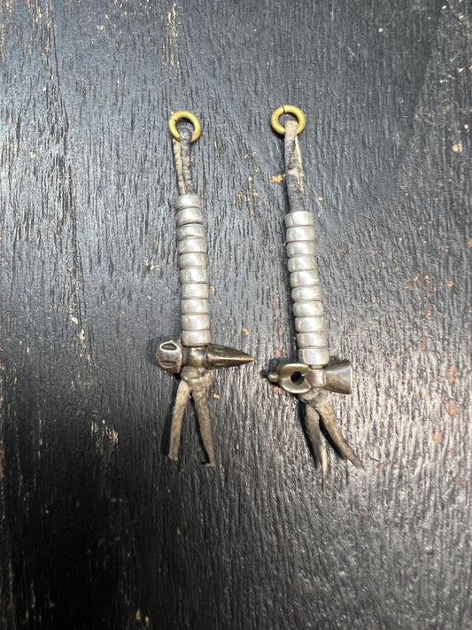 Antique Tibetan Brass Hammer Prayer Counters - Pair for Mala Beads, Ritual Vajra Tally Markers with Leather Cords