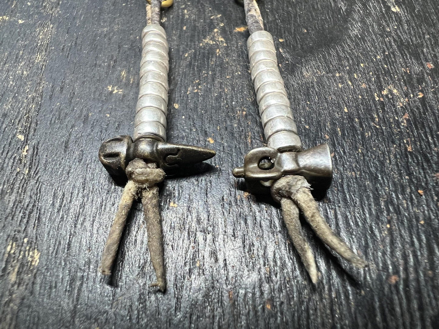 Antique Tibetan Brass Hammer Prayer Counters - Pair for Mala Beads, Ritual Vajra Tally Markers with Leather Cords