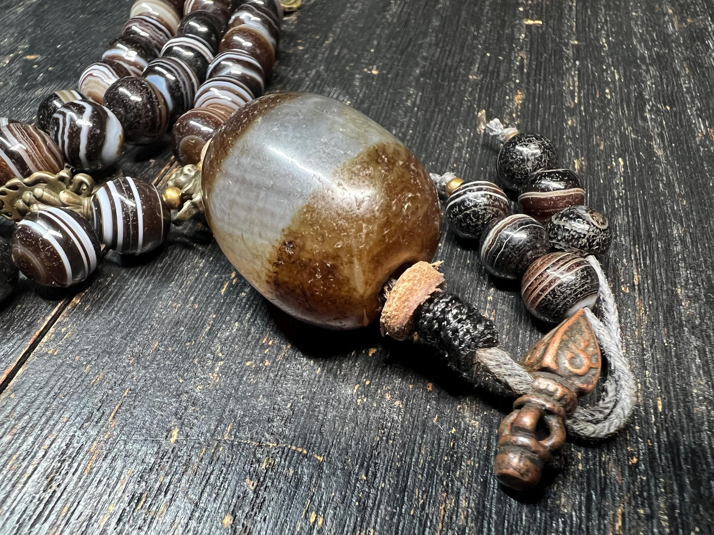 Antique-Style Brown Banded Agate 108-Bead Mala Necklace, 10mm Tibetan Prayer Beads, 22mm Guru Bead, Brass Accents, 40” Circumference