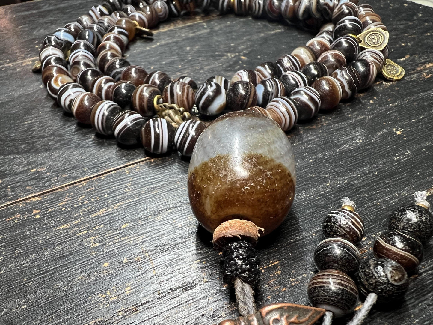Antique-Style Brown Banded Agate 108-Bead Mala Necklace, 10mm Tibetan Prayer Beads, 22mm Guru Bead, Brass Accents, 40” Circumference