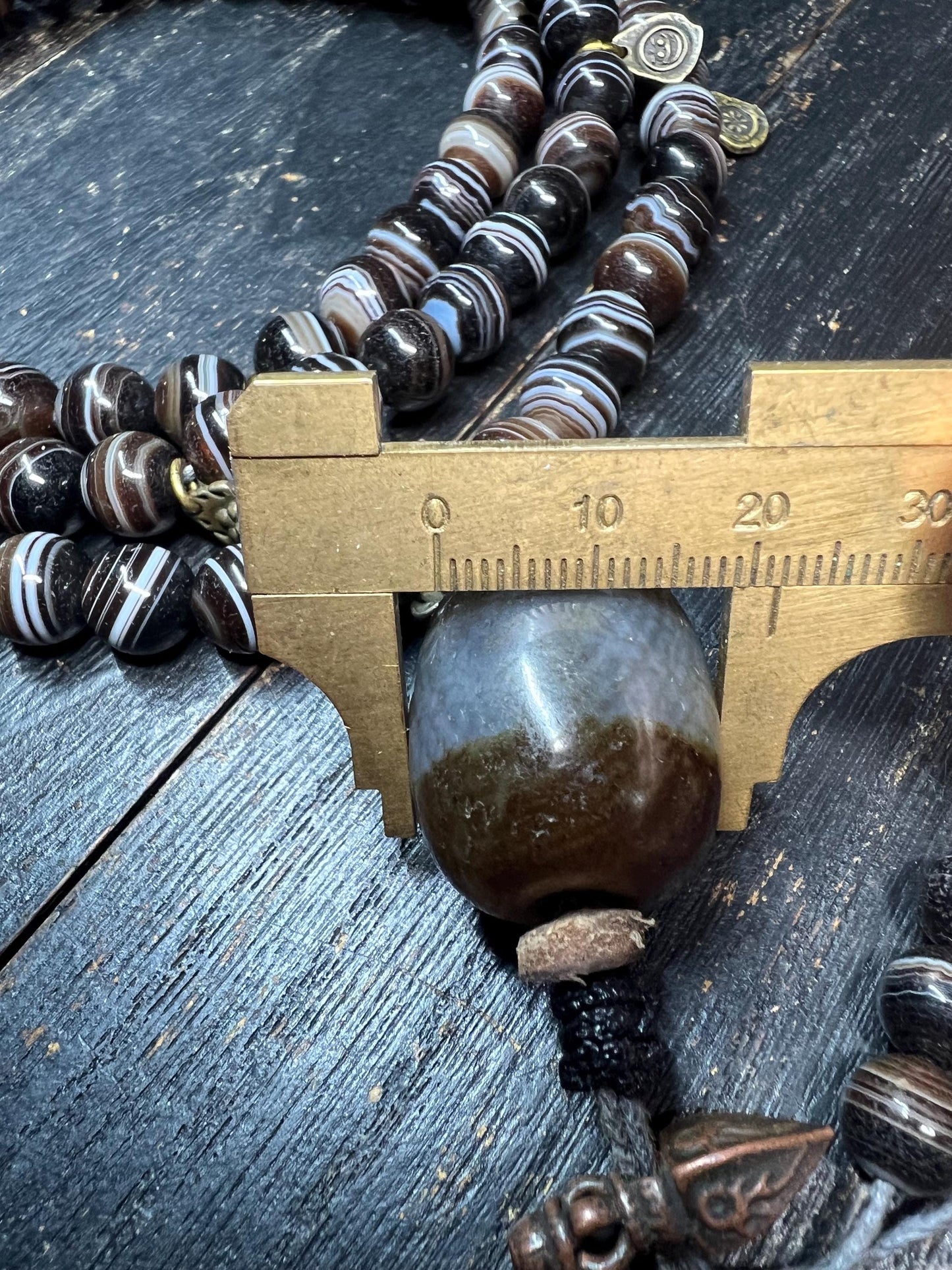 Antique-Style Brown Banded Agate 108-Bead Mala Necklace, 10mm Tibetan Prayer Beads, 22mm Guru Bead, Brass Accents, 40” Circumference