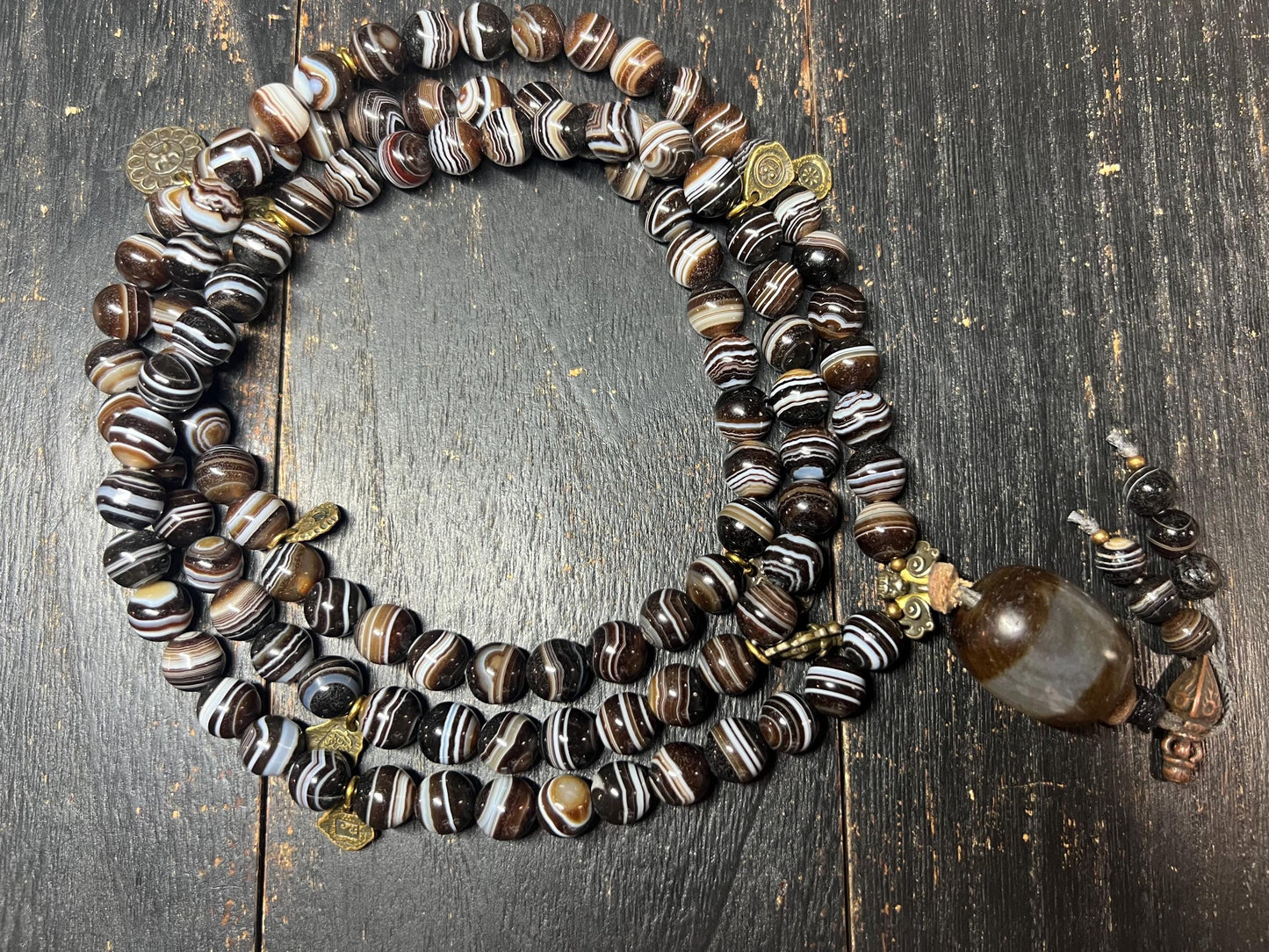 Antique-Style Brown Banded Agate 108-Bead Mala Necklace, 10mm Tibetan Prayer Beads, 22mm Guru Bead, Brass Accents, 40” Circumference
