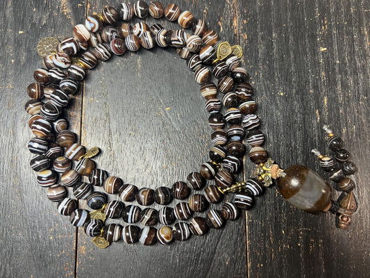 Antique-Style Brown Banded Agate 108-Bead Mala Necklace, 10mm Tibetan Prayer Beads, 22mm Guru Bead, Brass Accents, 40” Circumference