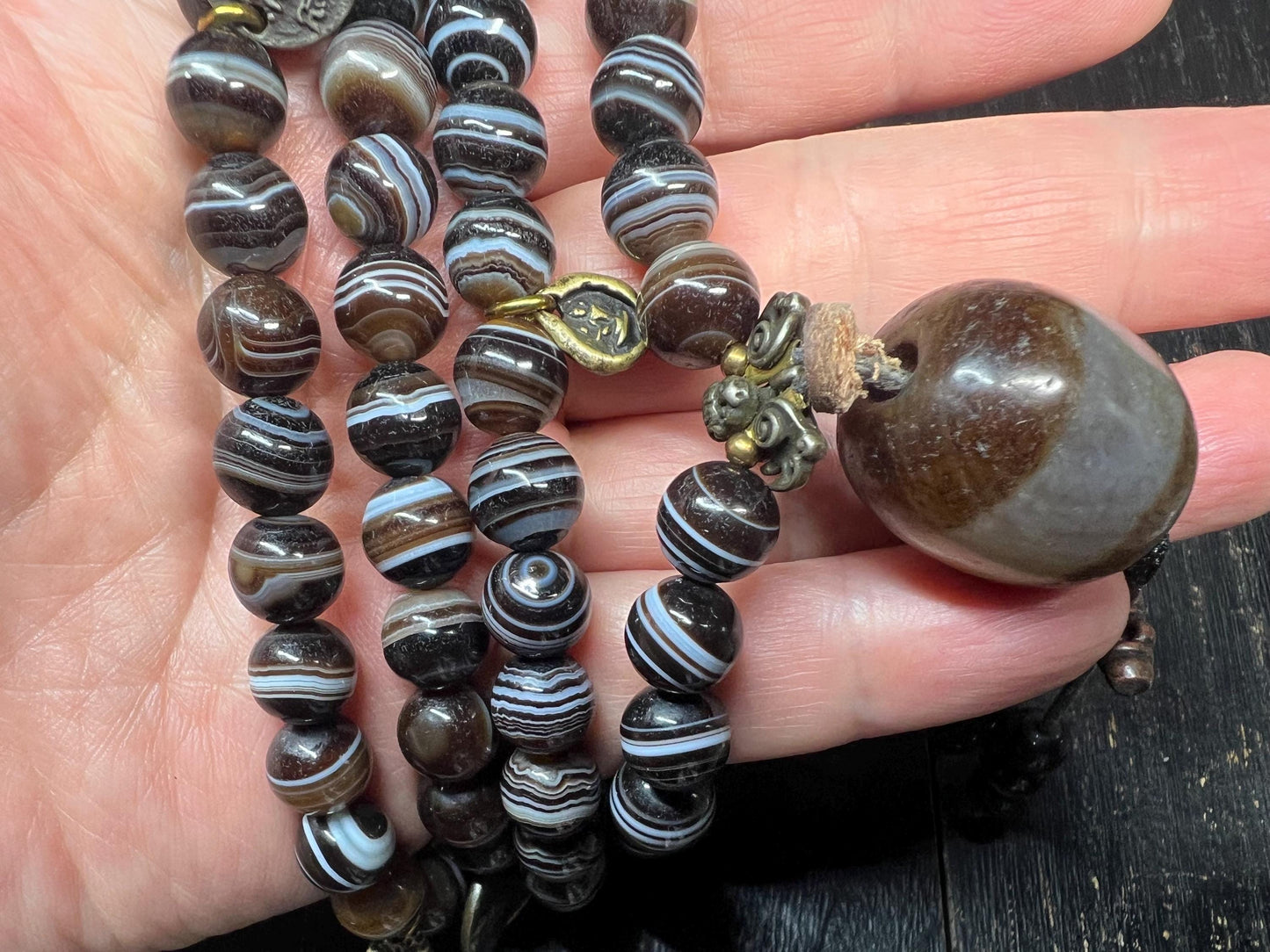 Antique-Style Brown Banded Agate 108-Bead Mala Necklace, 10mm Tibetan Prayer Beads, 22mm Guru Bead, Brass Accents, 40” Circumference