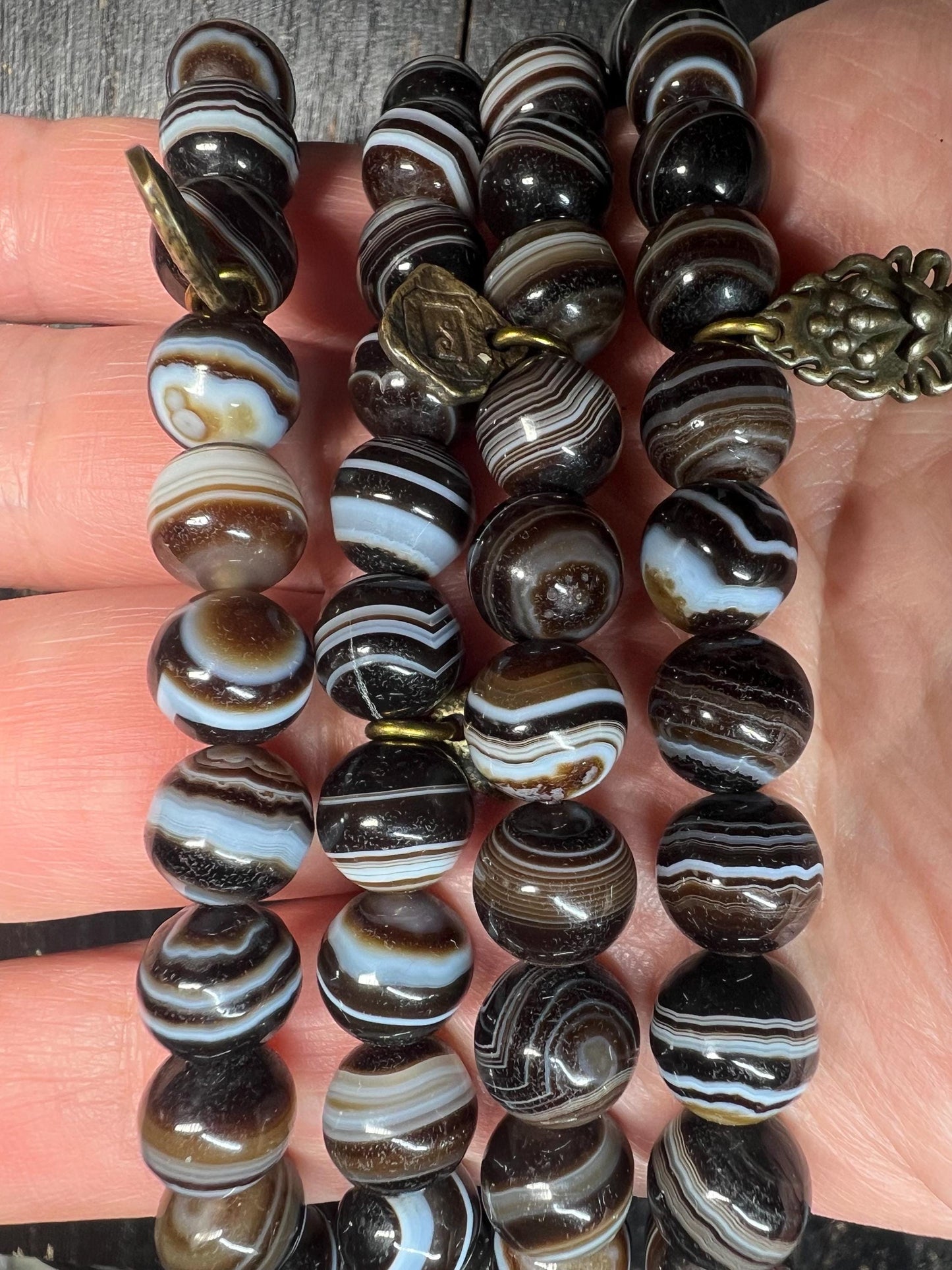 Antique-Style Brown Banded Agate 108-Bead Mala Necklace, 10mm Tibetan Prayer Beads, 22mm Guru Bead, Brass Accents, 40” Circumference
