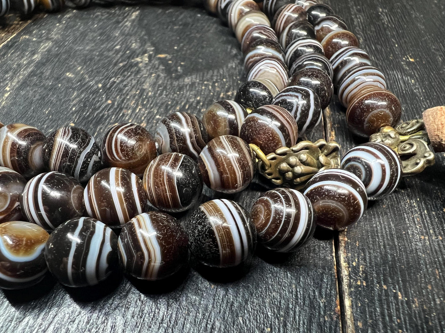 Antique-Style Brown Banded Agate 108-Bead Mala Necklace, 10mm Tibetan Prayer Beads, 22mm Guru Bead, Brass Accents, 40” Circumference
