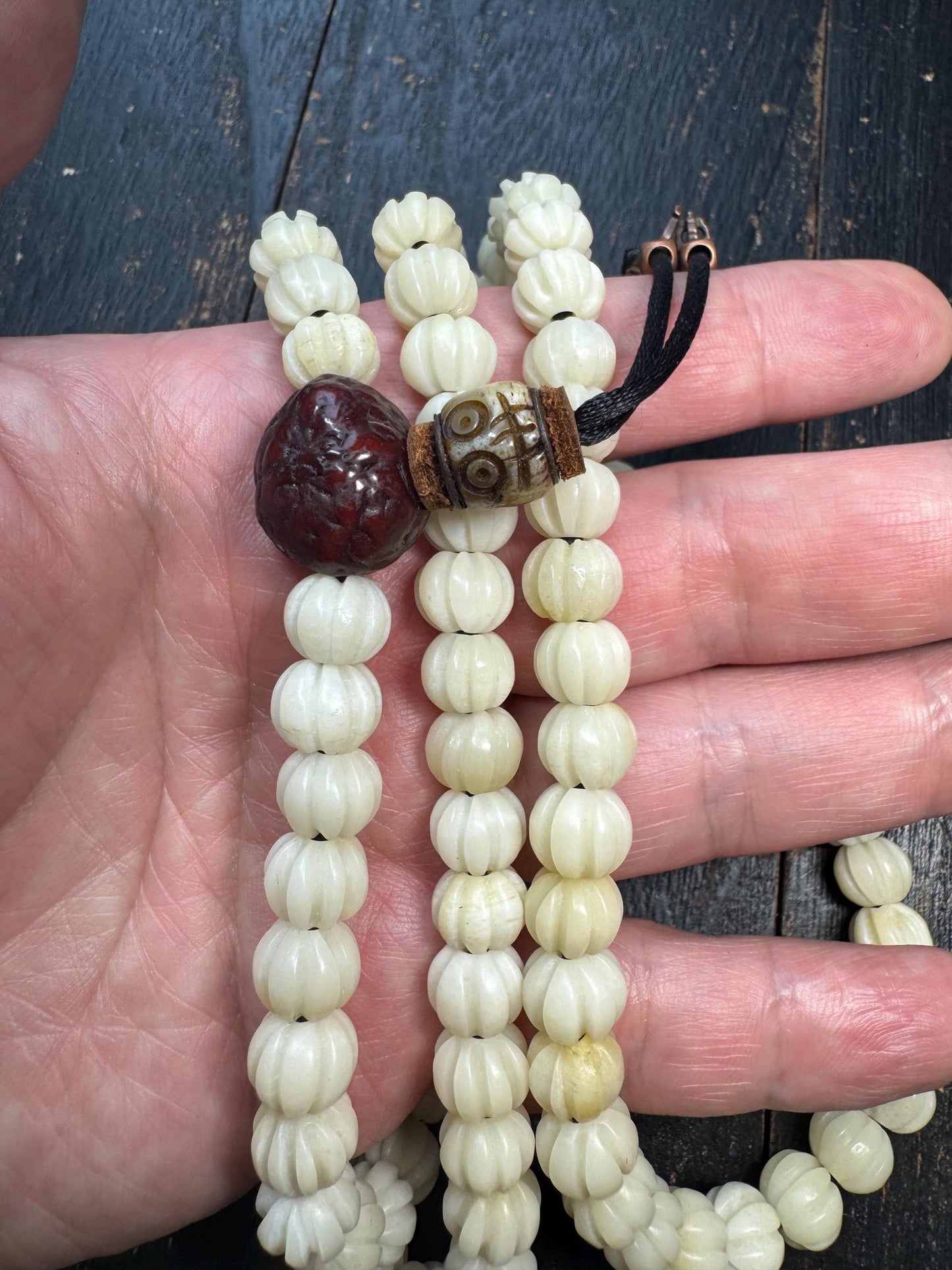 Hand-Carved 10mm Bone 108 Mala Necklace 34” - Vajra Bodhi & Yak Bone Skull Guru Bead, Tibetan Buddhist Prayer Beads