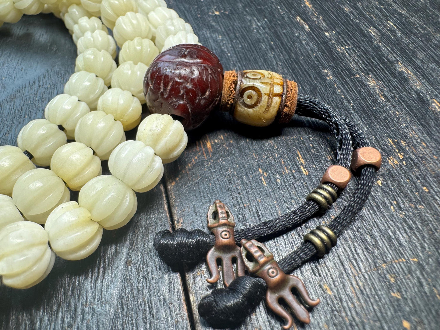 Hand-Carved 10mm Bone 108 Mala Necklace 34” - Vajra Bodhi & Yak Bone Skull Guru Bead, Tibetan Buddhist Prayer Beads