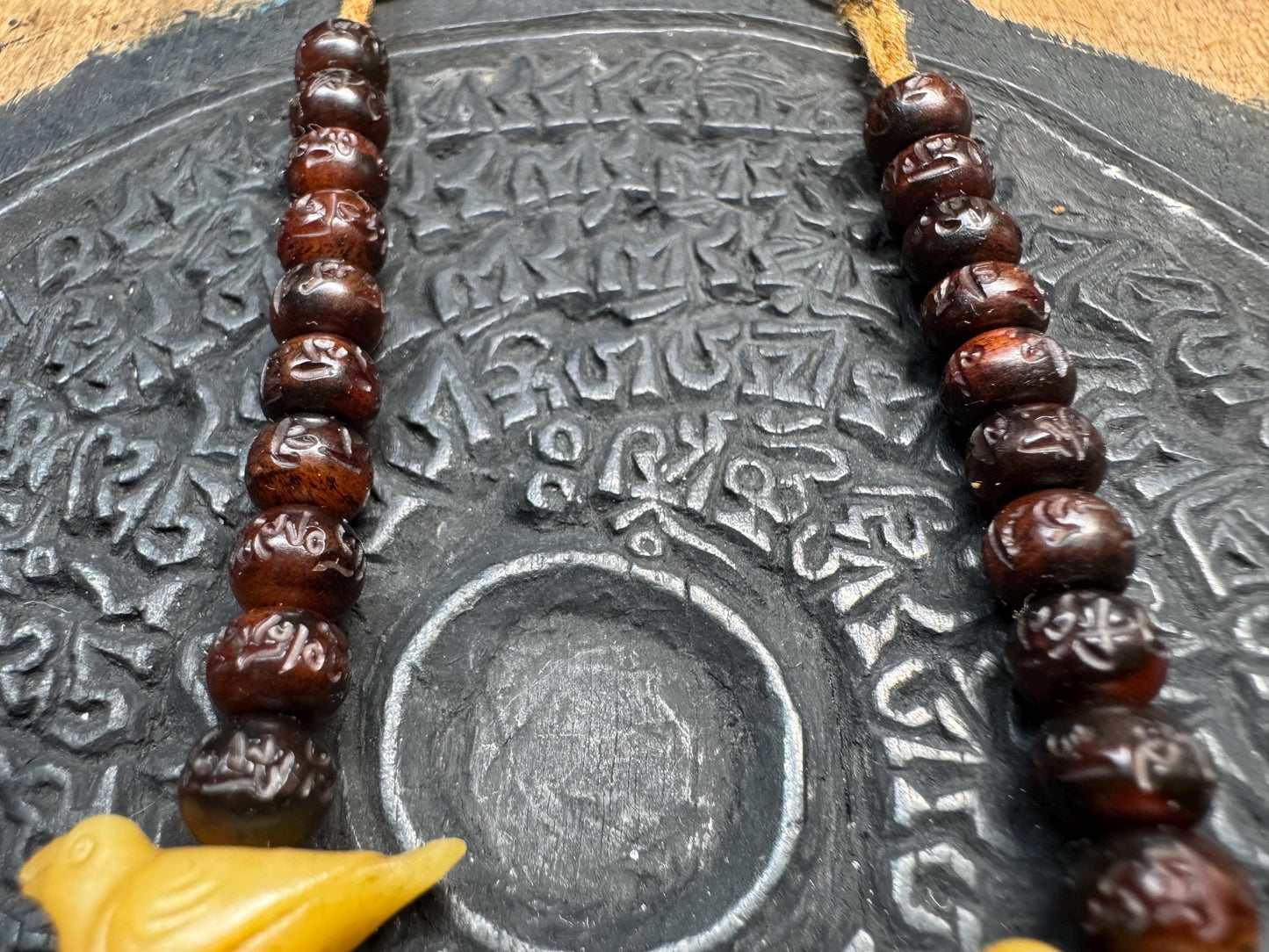 Hand-Carved Yak Bone Mala Counters with Bird Charms - OM Mani Padme Hum Mantra Beads, Tibetan Prayer Set of 2