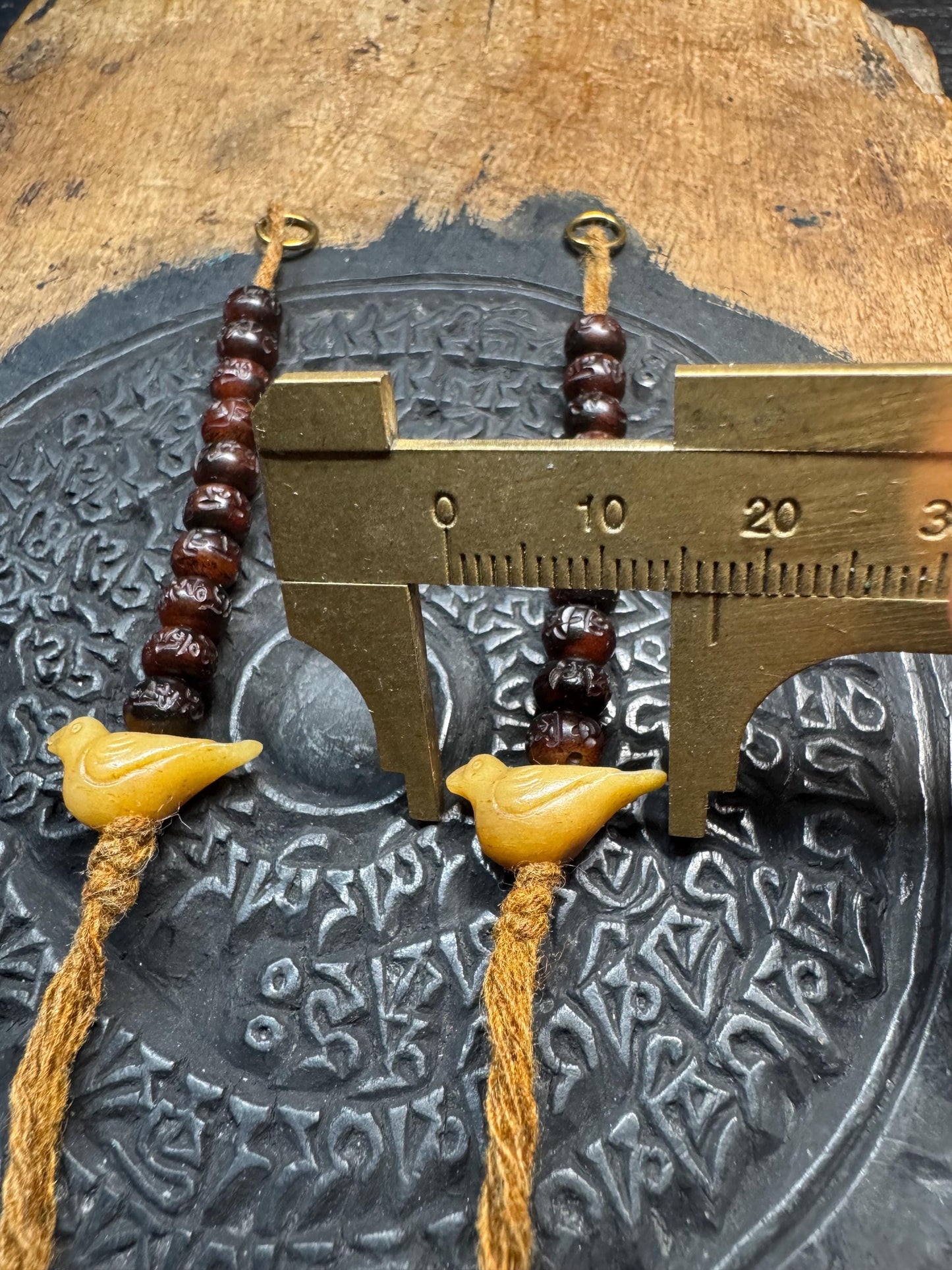 Hand-Carved Yak Bone Mala Counters with Bird Charms - OM Mani Padme Hum Mantra Beads, Tibetan Prayer Set of 2