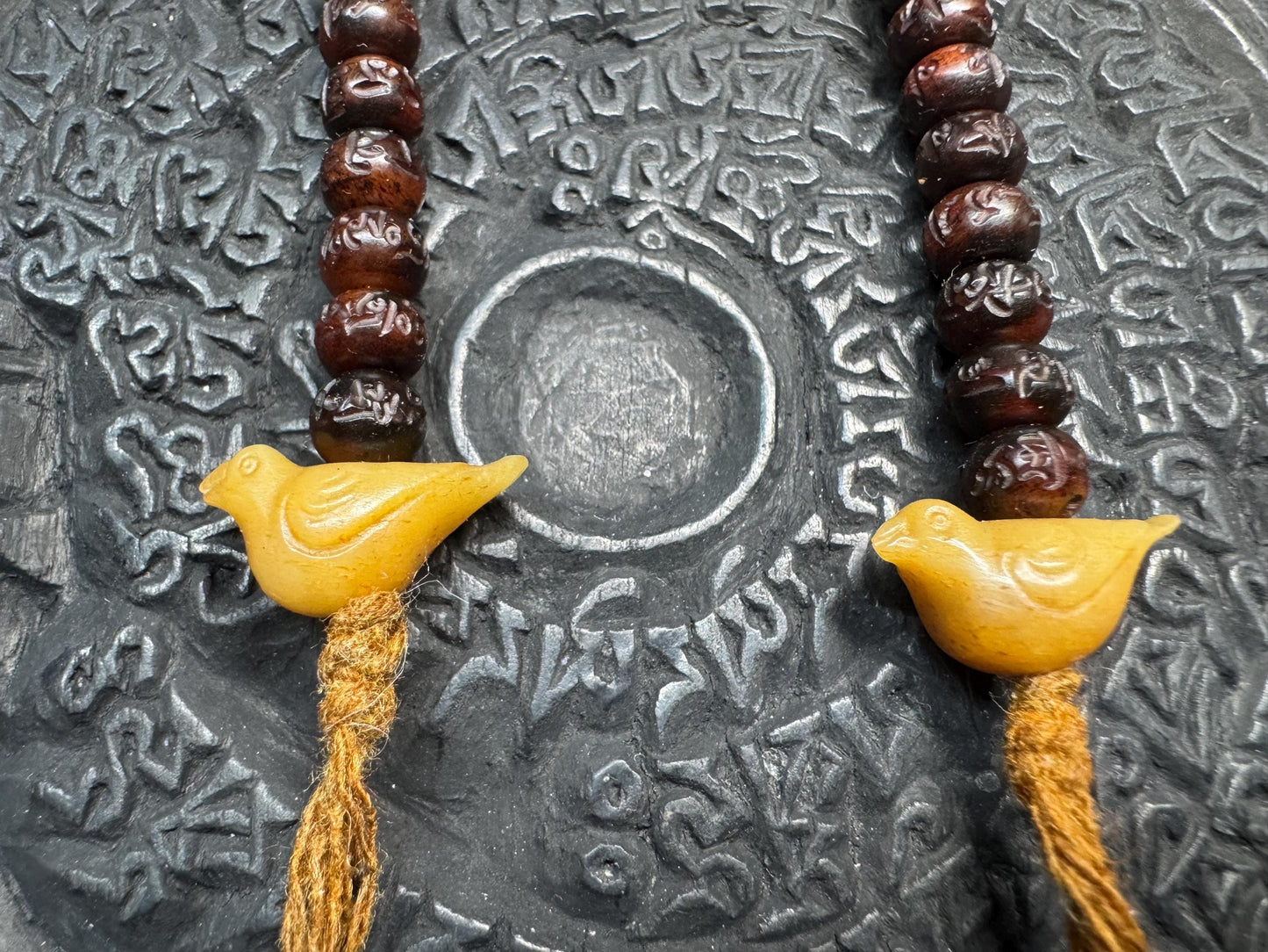 Hand-Carved Yak Bone Mala Counters with Bird Charms - OM Mani Padme Hum Mantra Beads, Tibetan Prayer Set of 2