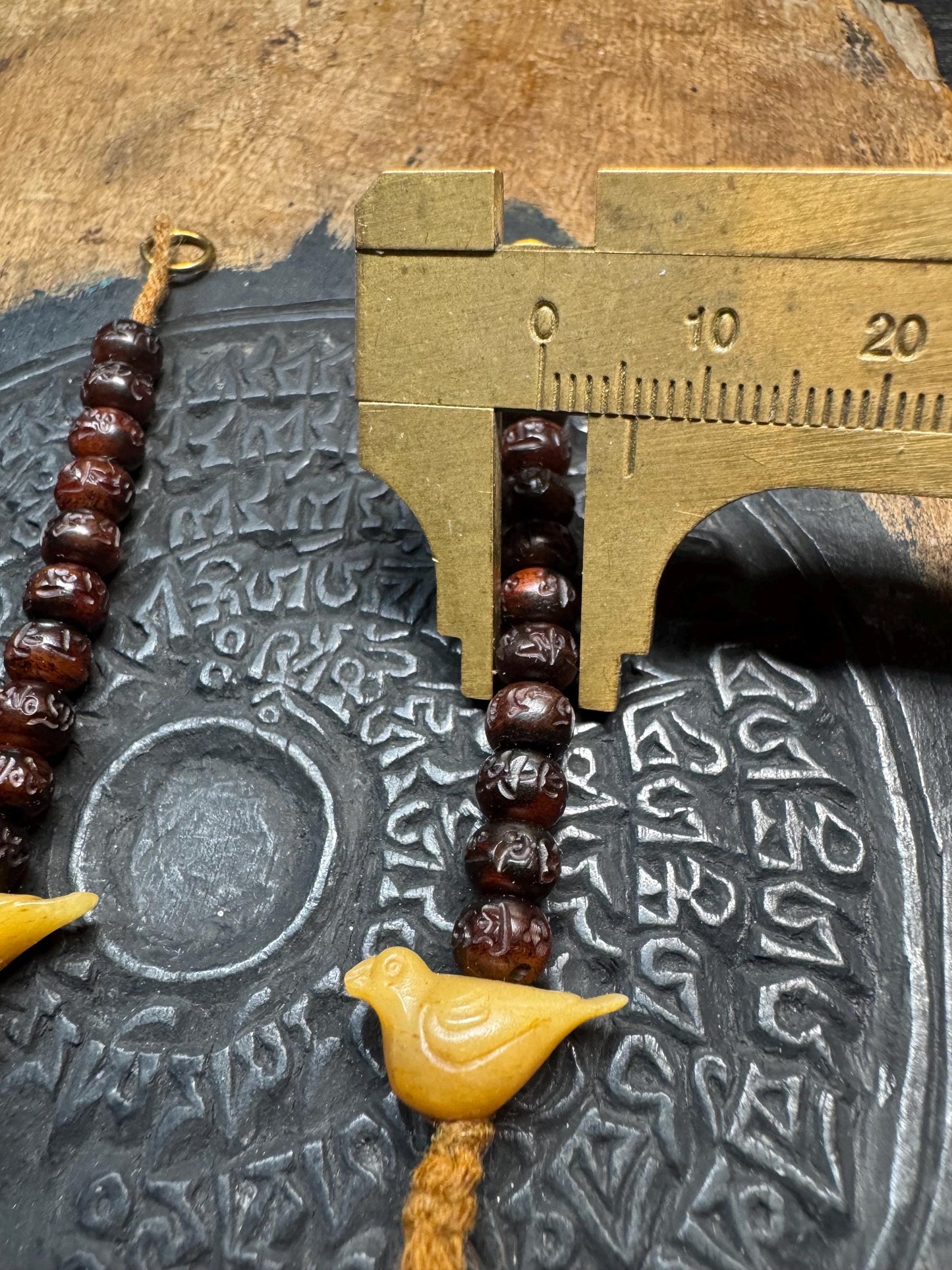 Hand-Carved Yak Bone Mala Counters with Bird Charms - OM Mani Padme Hum Mantra Beads, Tibetan Prayer Set of 2