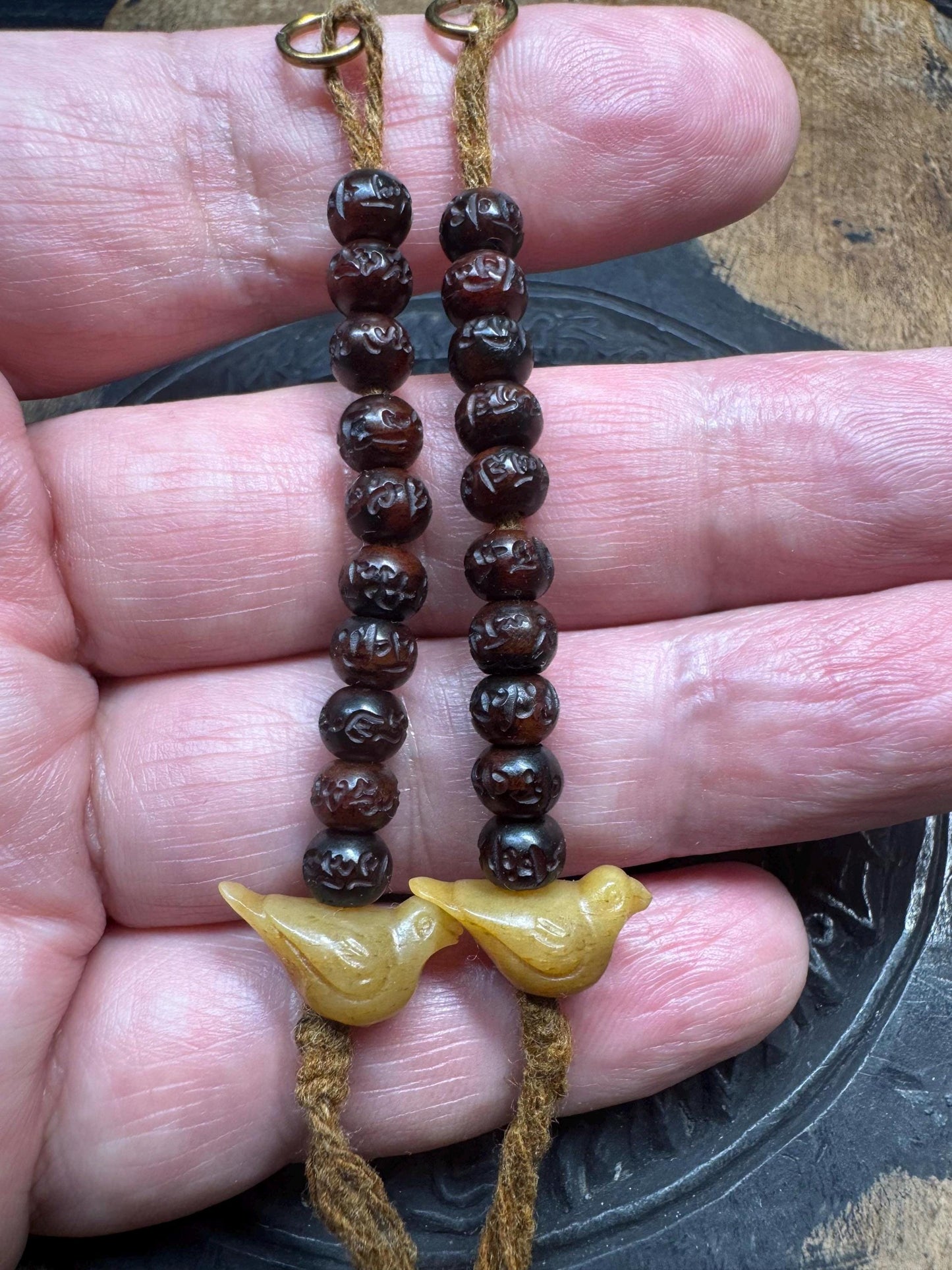 Hand-Carved Yak Bone Mala Counters with Bird Charms - OM Mani Padme Hum Mantra Beads, Tibetan Prayer Set of 2