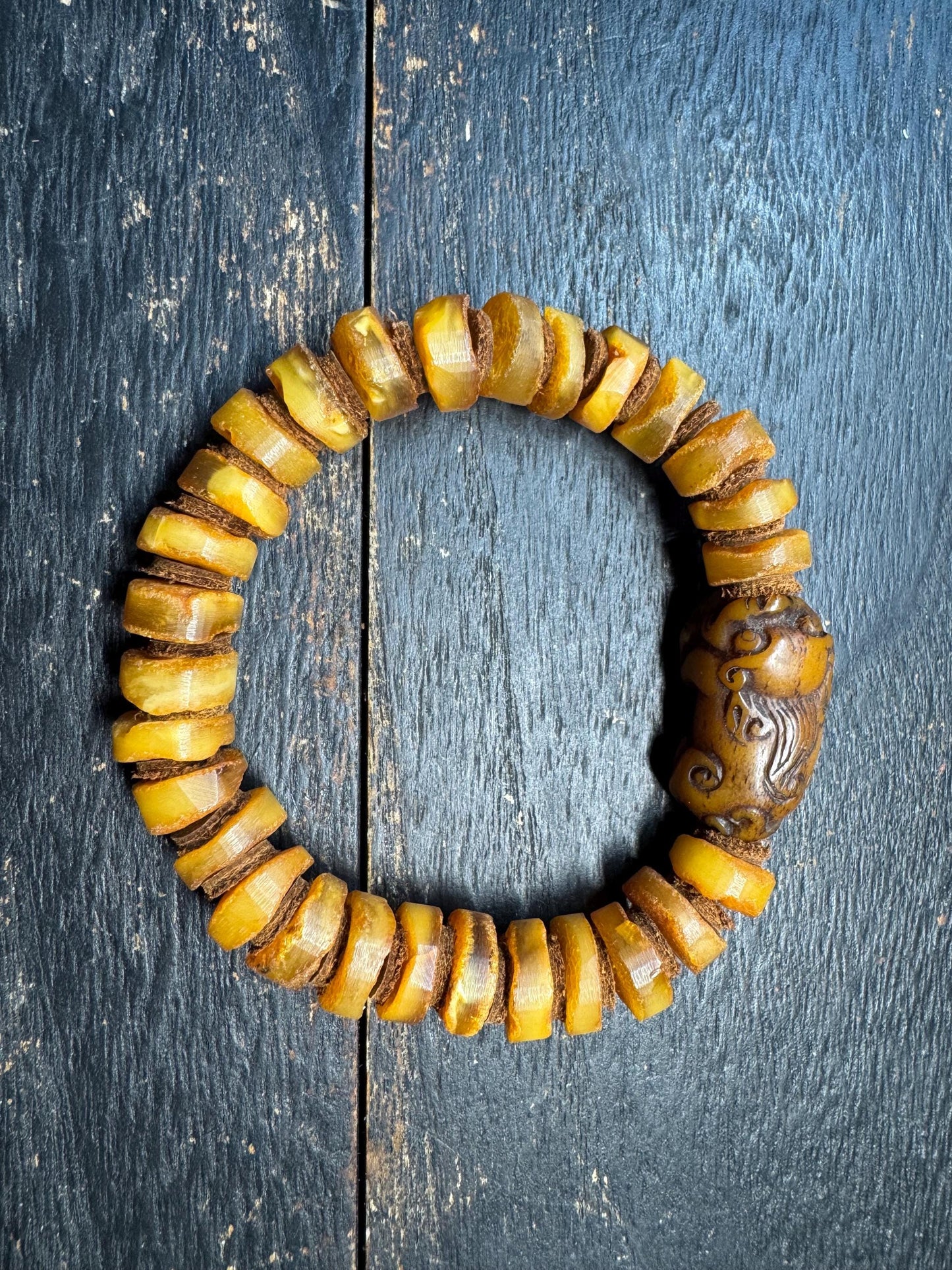 Hand-Carved Yak Bone Pixiu Baltic Amber Mala Bracelet, 12mm Butterscotch Beads, 28-Bead Wrist Mala for 7-8” Wrists, Tibetan Feng Shui Jewelr