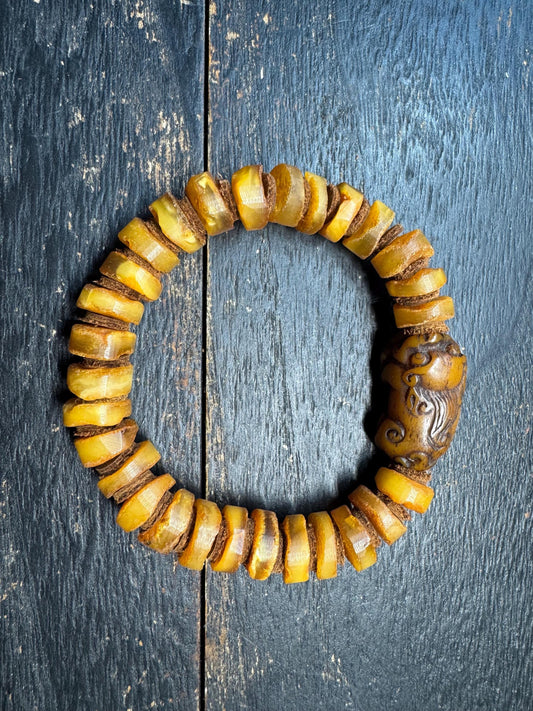 Hand-Carved Yak Bone Pixiu Baltic Amber Mala Bracelet, 12mm Butterscotch Beads, 28-Bead Wrist Mala for 7-8” Wrists, Tibetan Feng Shui Jewelr