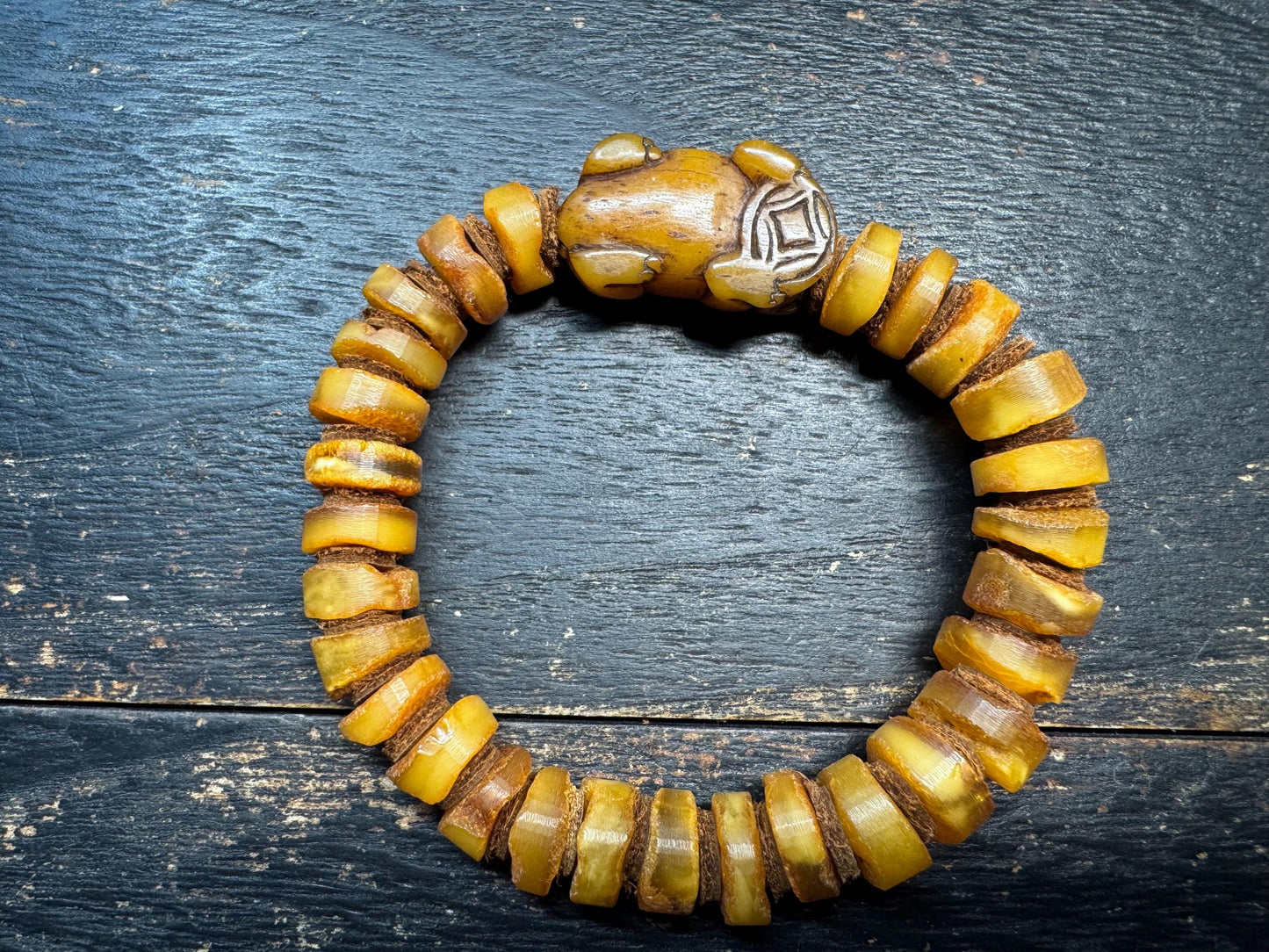 Hand-Carved Yak Bone Pixiu Baltic Amber Mala Bracelet, 12mm Butterscotch Beads, 28-Bead Wrist Mala for 7-8” Wrists, Tibetan Feng Shui Jewelr