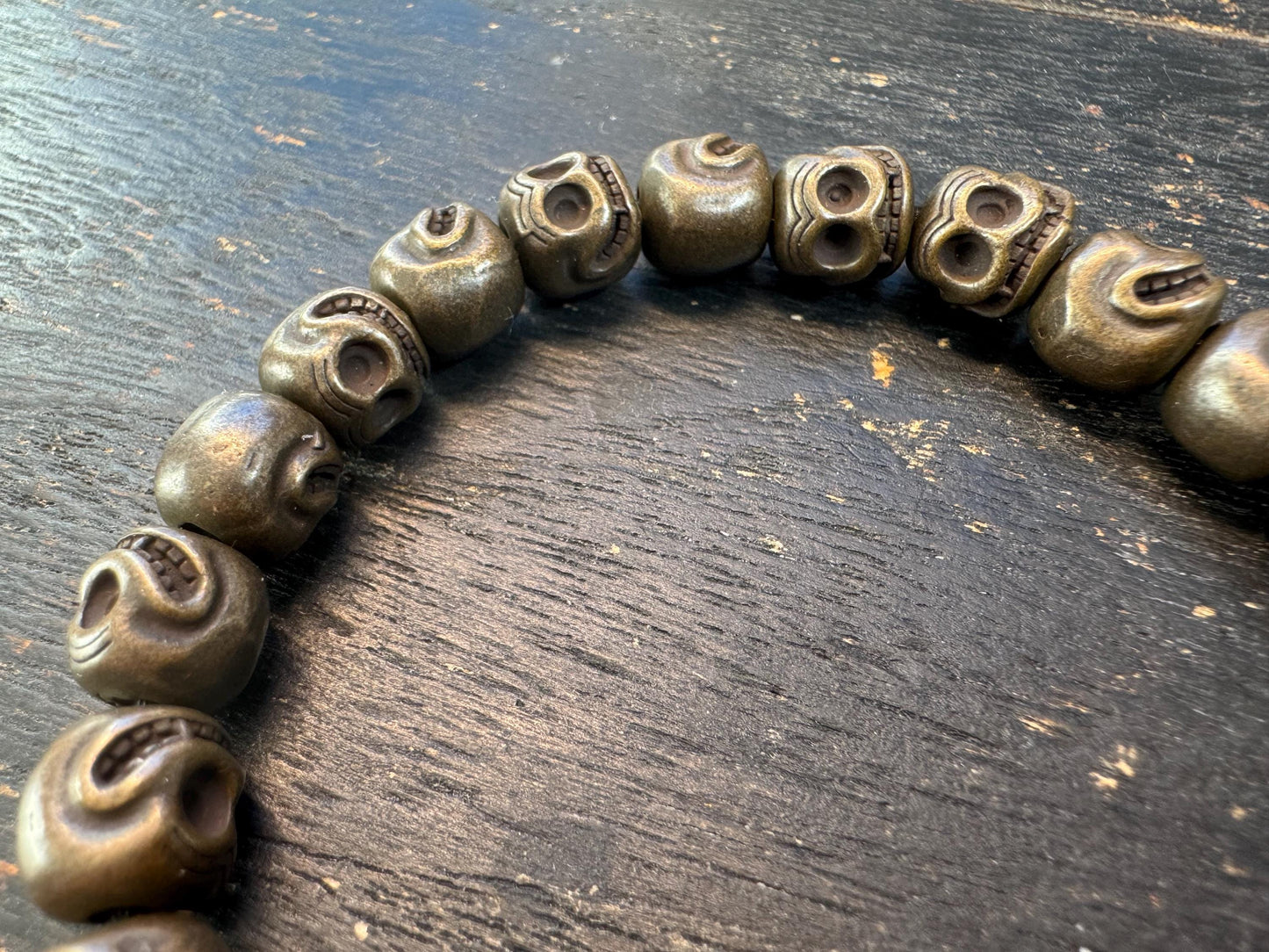 Tibetan Brass Citipati Skull Mala Bracelet | Adjustable 7-8” Wrist Prayer Beads w/ Guru Bead, Lotus Charms, Charnel Ground Amulet
