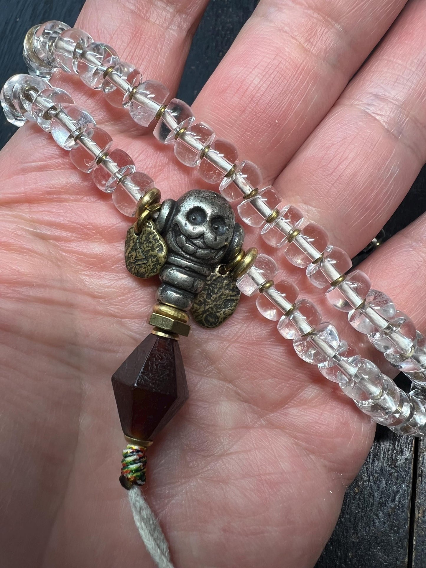 Authentic Tibetan Rock Crystal 98-Bead Mala ~20” (51cm), Charnel Ground Skull Guru & Agate Pendant
