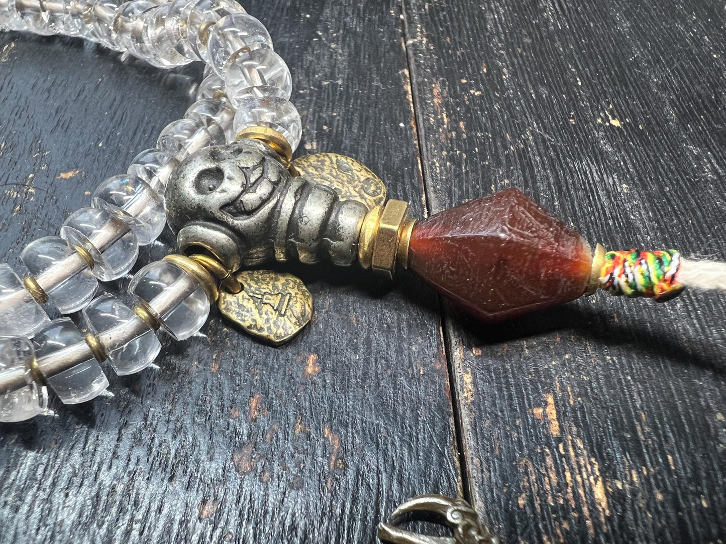 Authentic Tibetan Rock Crystal 98-Bead Mala ~20” (51cm), Charnel Ground Skull Guru & Agate Pendant