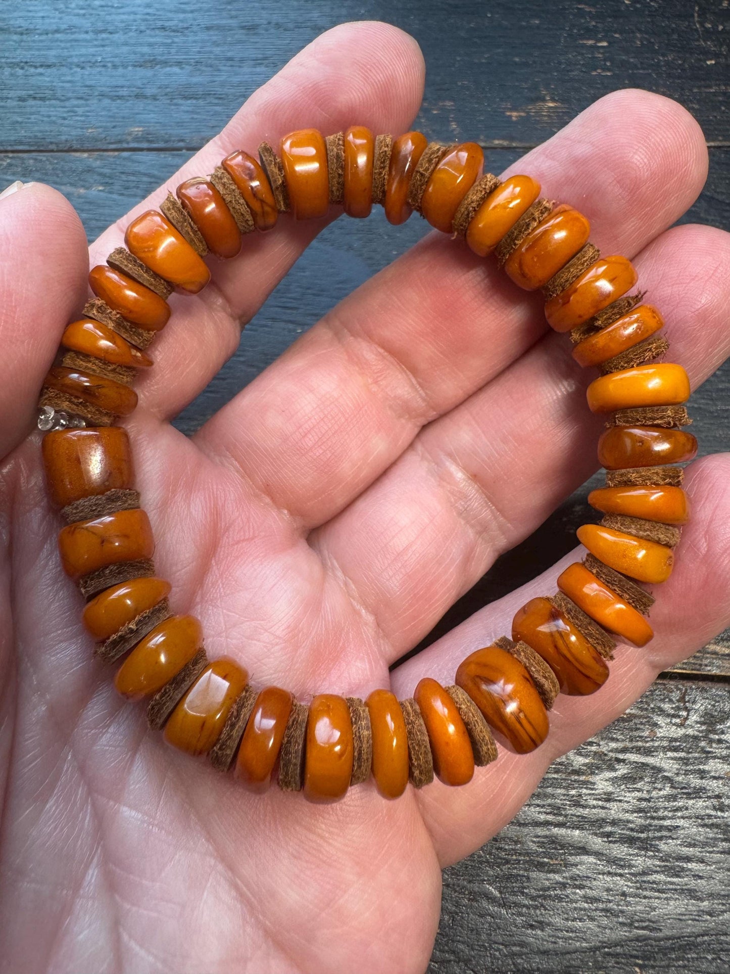 Natural Dark Honey Baltic Amber Bracelet with Leather Spacers, 9-11mm Beads, Fits Wrists Under 8 Inches, Meditation Jewelry