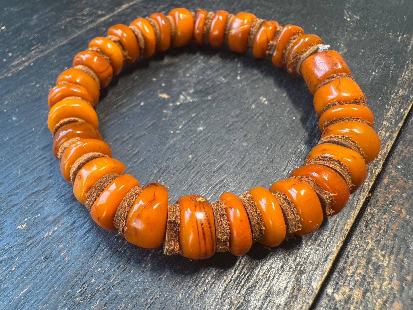 Natural Dark Honey Baltic Amber Bracelet with Leather Spacers, 9-11mm Beads, Fits Wrists Under 8 Inches, Meditation Jewelry