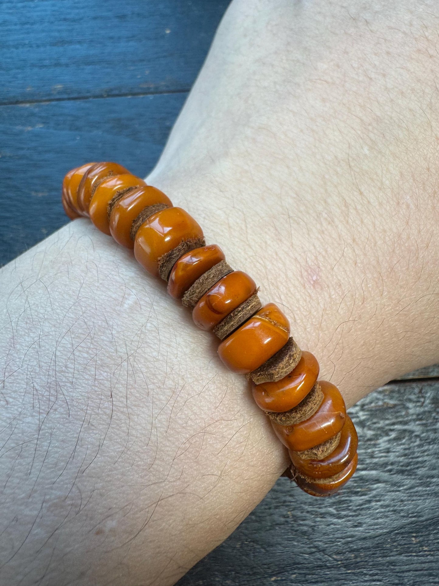 Natural Dark Honey Baltic Amber Bracelet with Leather Spacers, 9-11mm Beads, Fits Wrists Under 8 Inches, Meditation Jewelry