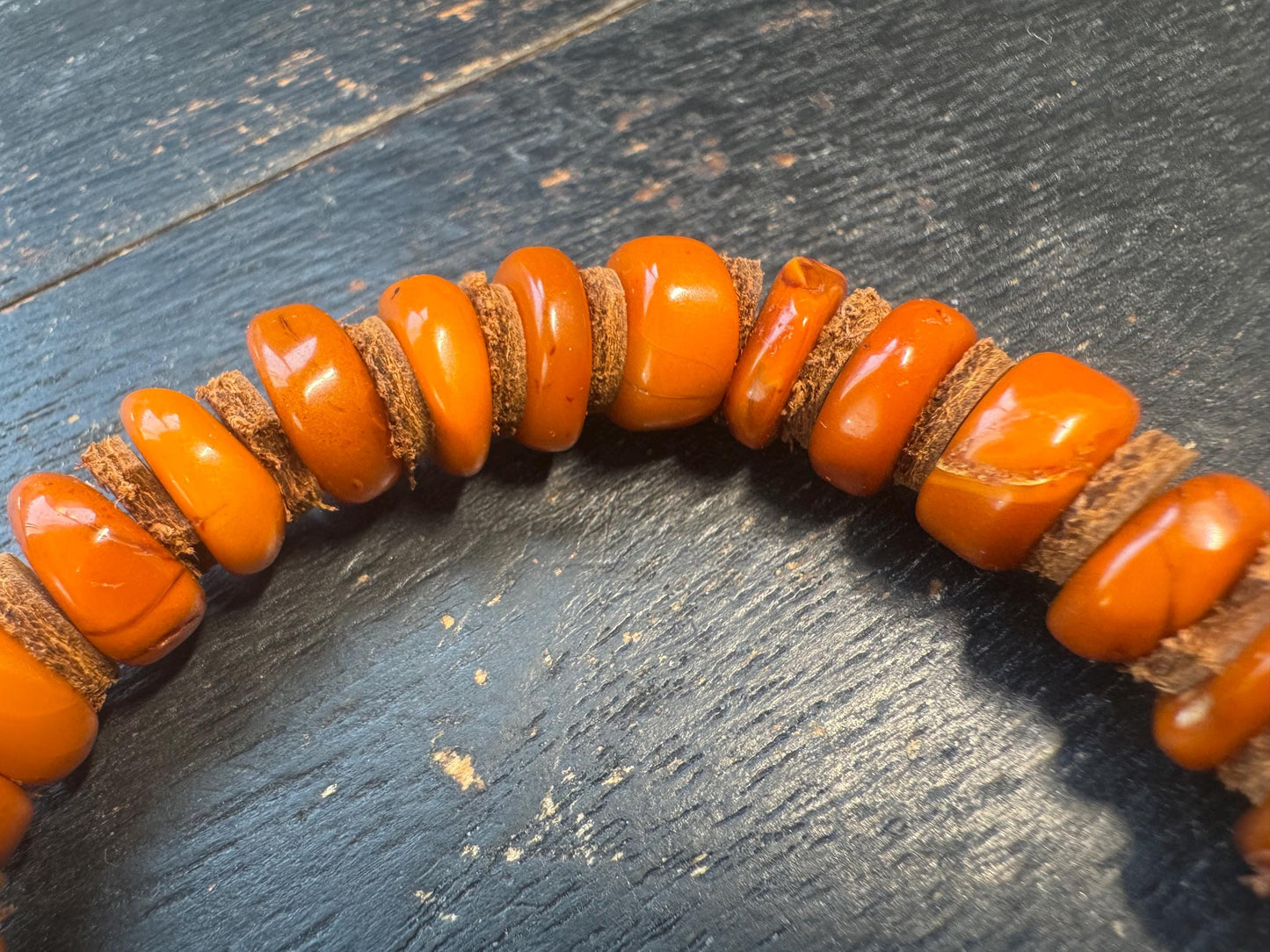 Natural Dark Honey Baltic Amber Bracelet with Leather Spacers, 9-11mm Beads, Fits Wrists Under 8 Inches, Meditation Jewelry